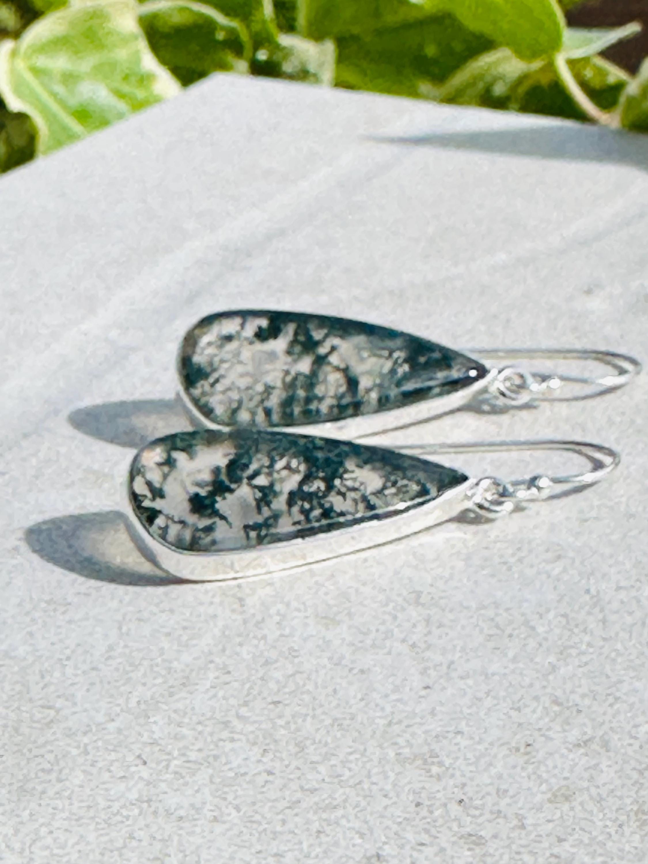 Moss Agate Dangle Earrings, Large Teardrop 27mm x 12mm Sterling Silver, Handmade UK gift