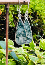 Moss Agate Dangle Earrings, Large Teardrop 27mm x 12mm Sterling Silver, Handmade UK gift