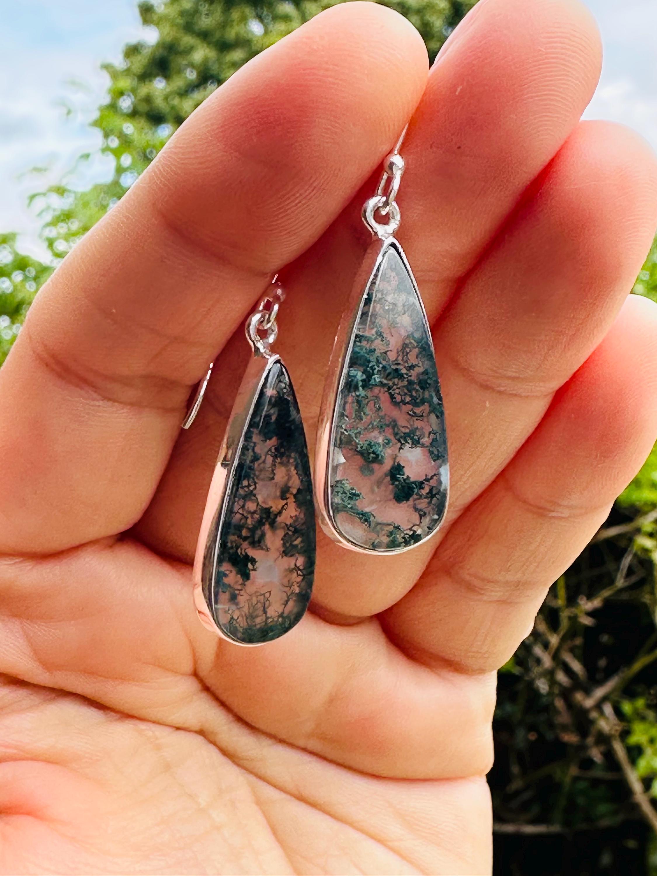 Moss Agate Dangle Earrings, Large Teardrop 27mm x 12mm Sterling Silver, Handmade UK gift