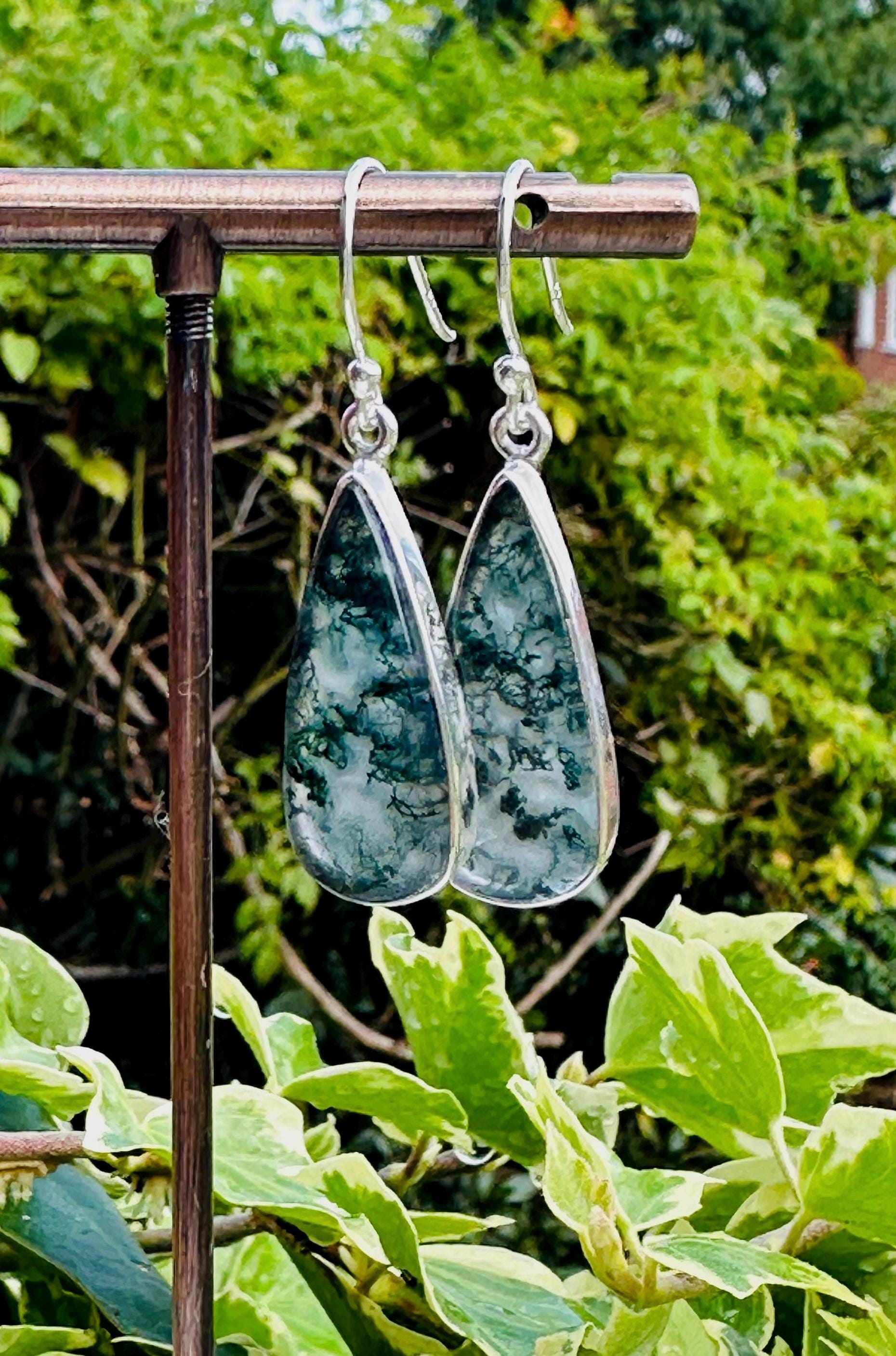 Moss Agate Dangle Earrings, Large Teardrop 27mm x 12mm Sterling Silver, Handmade UK gift