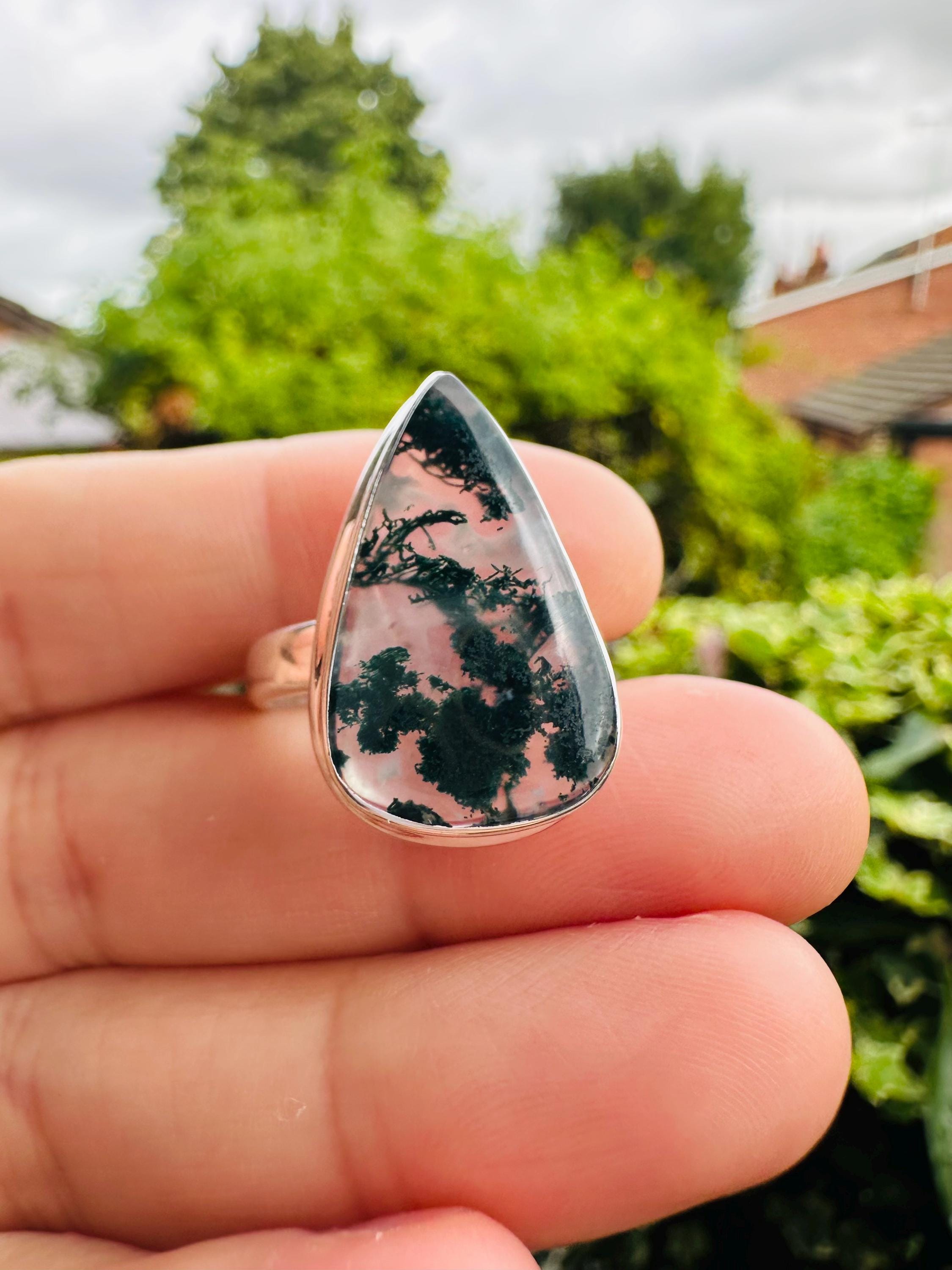 Moss Agate Sterling Silver Ring: Handmade Green Gemstone, UK Size R 1/2 / US 9