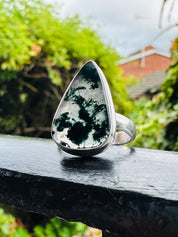 Moss Agate Sterling Silver Ring: Handmade Green Gemstone, UK Size R 1/2 / US 9