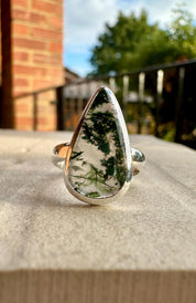 Moss Agate Sterling Silver Ring: Handmade Gemstone Jewelry, UK Size P1/2 / US 8