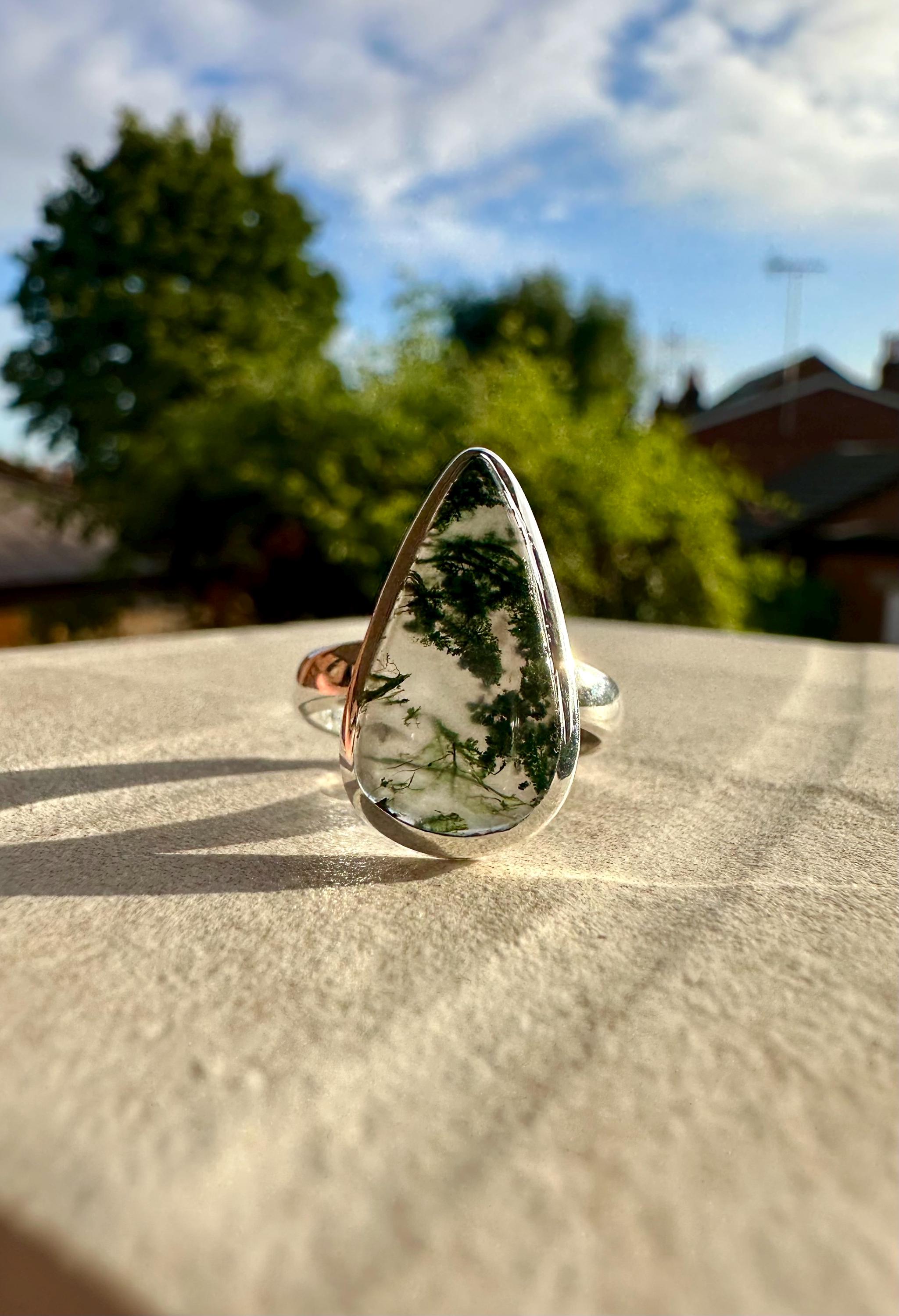 Moss Agate Sterling Silver Ring: Handmade Gemstone Jewelry, UK Size P1/2 / US 8