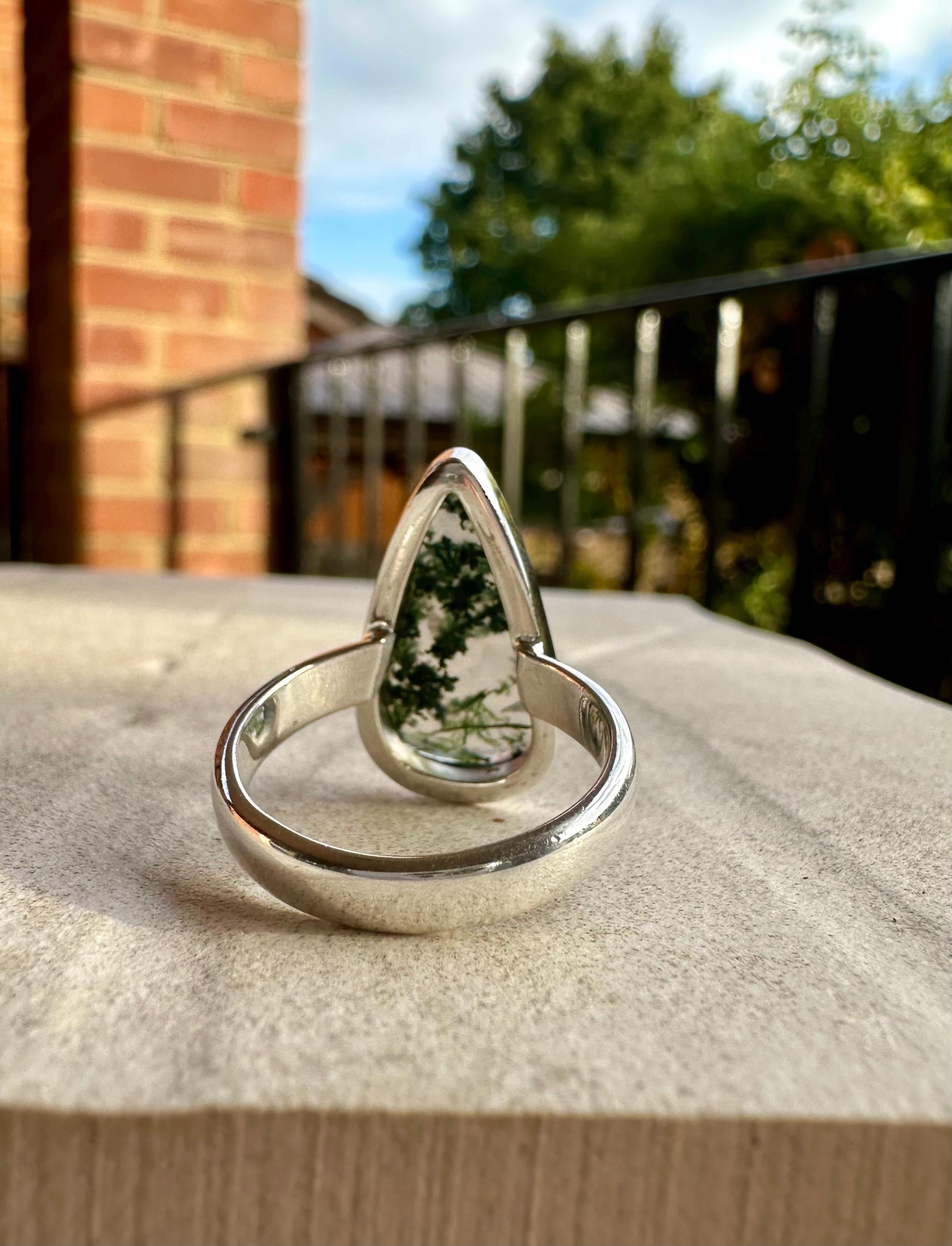 Moss Agate Sterling Silver Ring: Handmade Gemstone Jewelry, UK Size P1/2 / US 8