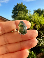 Moss Agate Sterling Silver Ring: Teardrop Gemstone, Handmade UK, Size 7