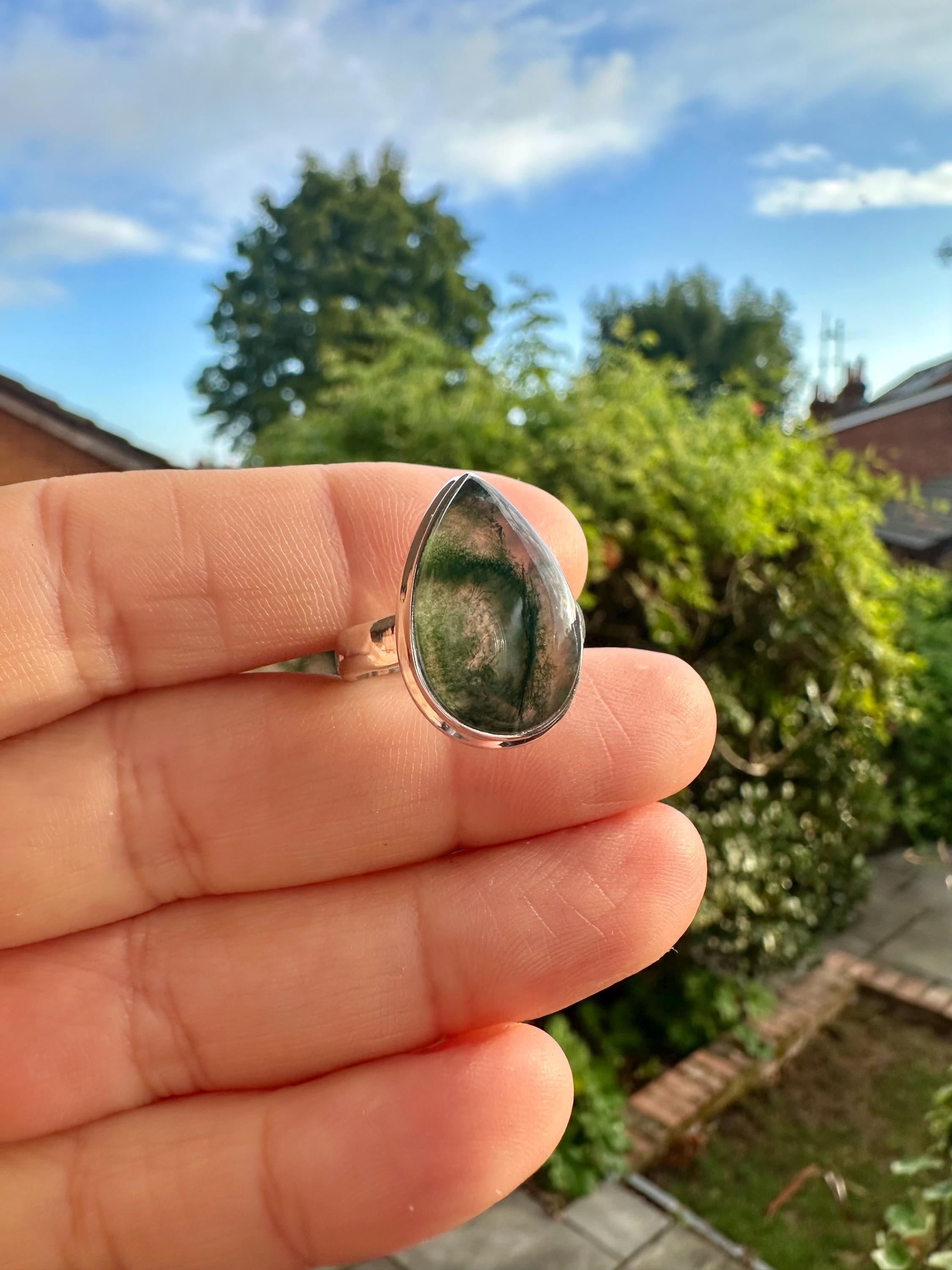 Moss Agate Sterling Silver Ring: Teardrop Gemstone, Handmade UK, Size 7