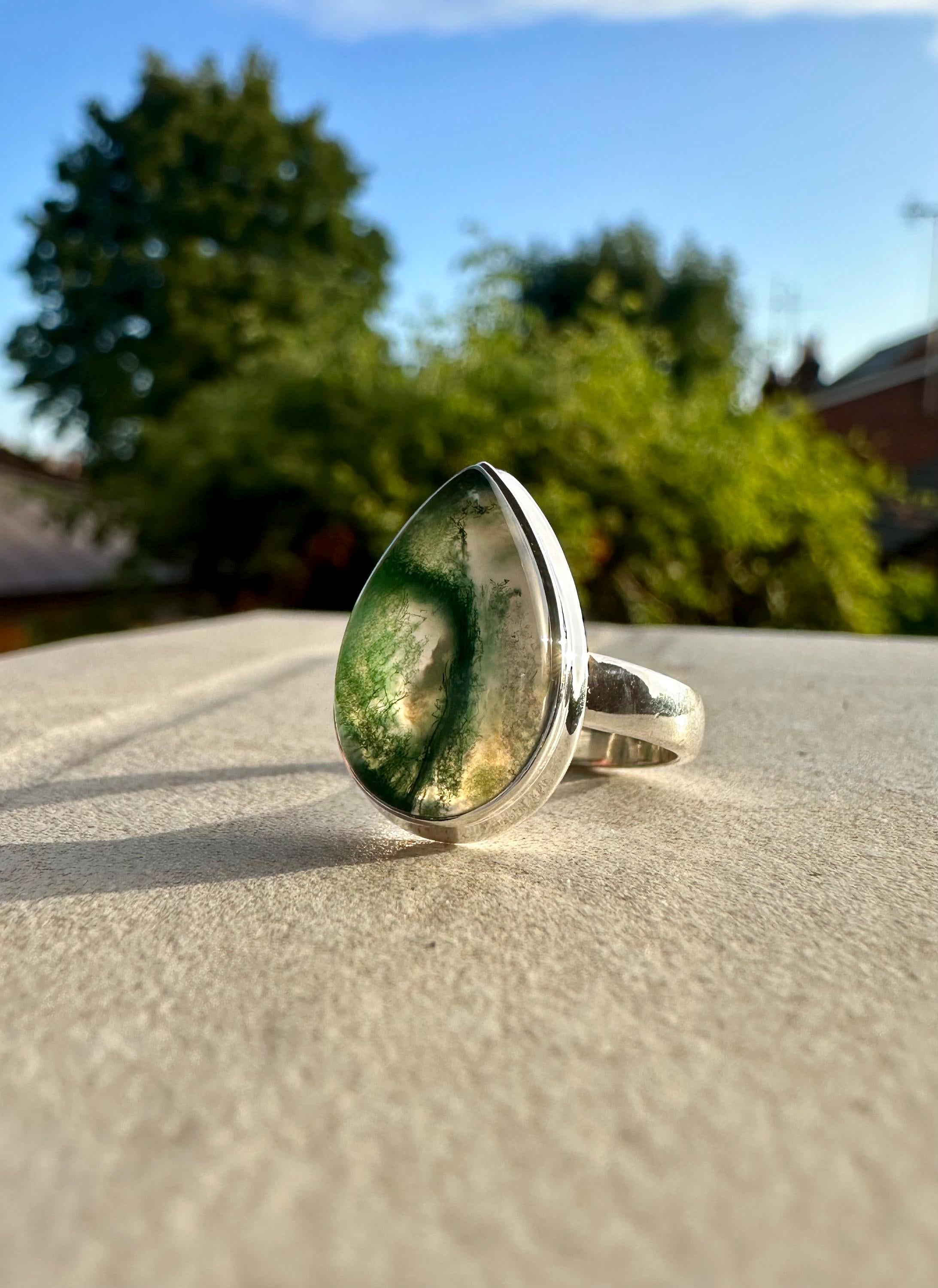 Moss Agate Sterling Silver Ring: Teardrop Gemstone, Handmade UK, Size 7