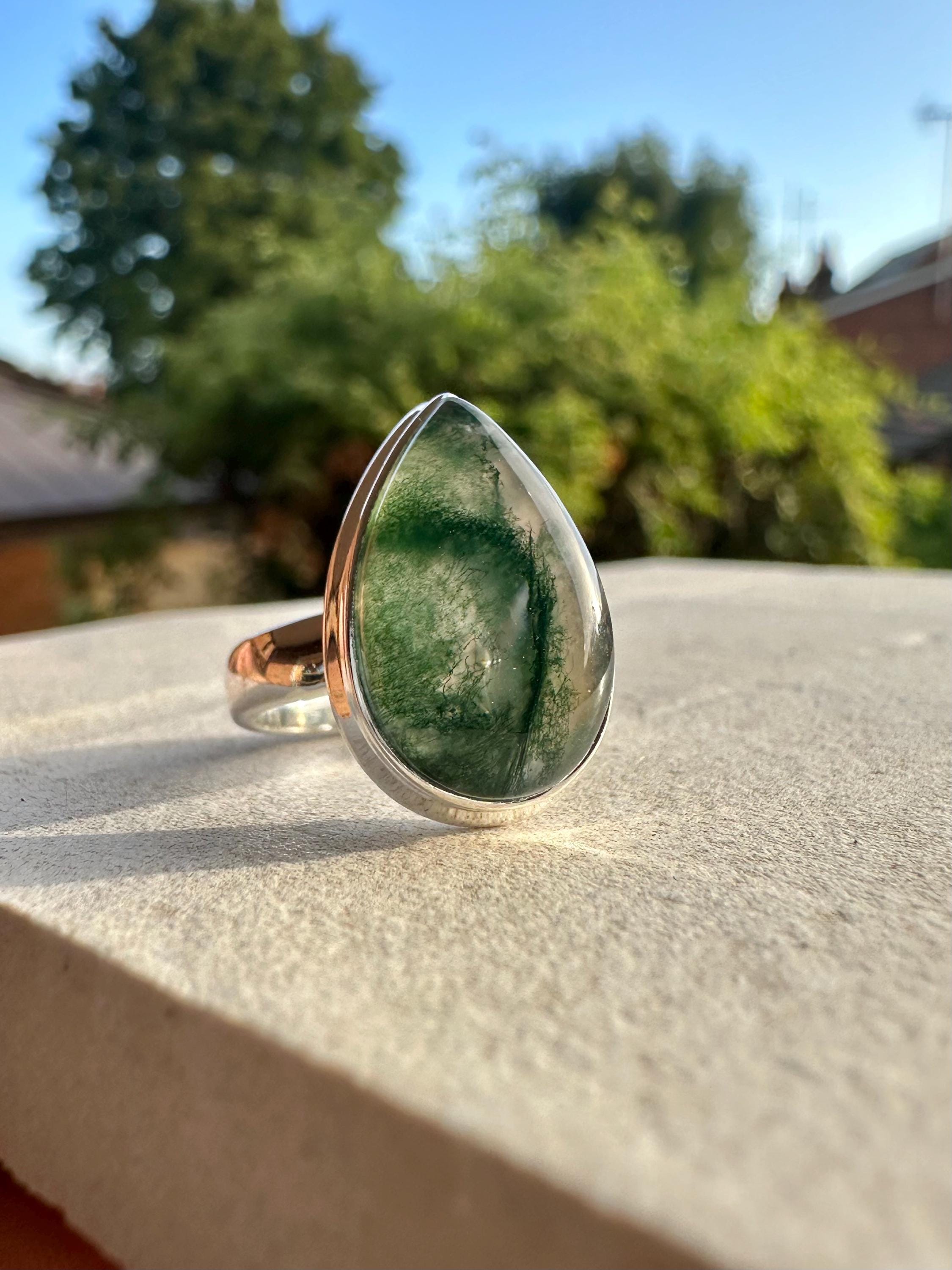 Moss Agate Sterling Silver Ring: Teardrop Gemstone, Handmade UK, Size 7