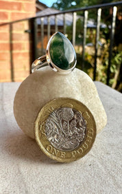 Moss Agate Sterling Silver Ring: Teardrop Gemstone, Handmade UK, Size 7