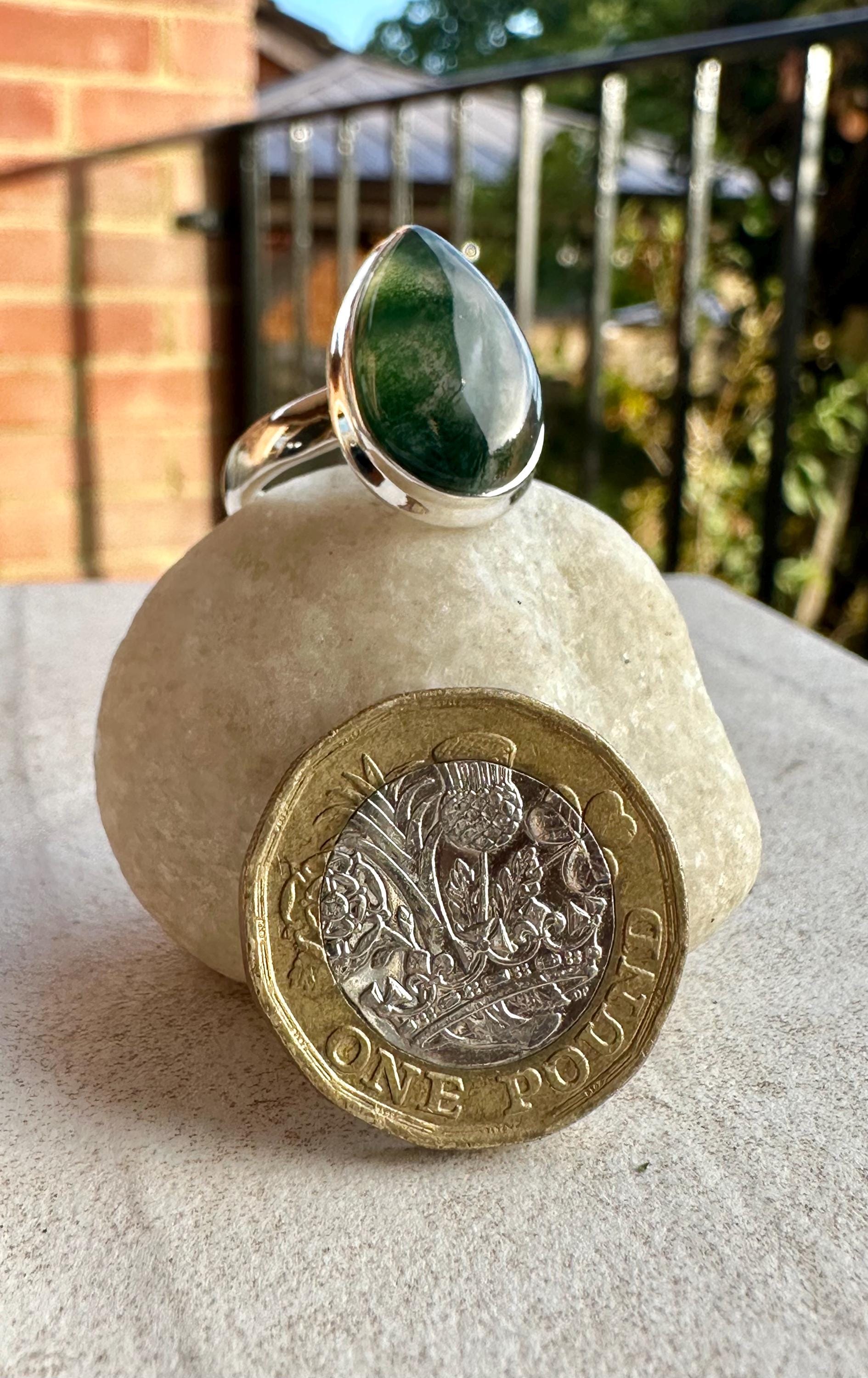 Moss Agate Sterling Silver Ring: Teardrop Gemstone, Handmade UK, Size 7