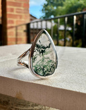 Moss Agate Ring: Teardrop Sterling Silver, Handmade UK - Size 8