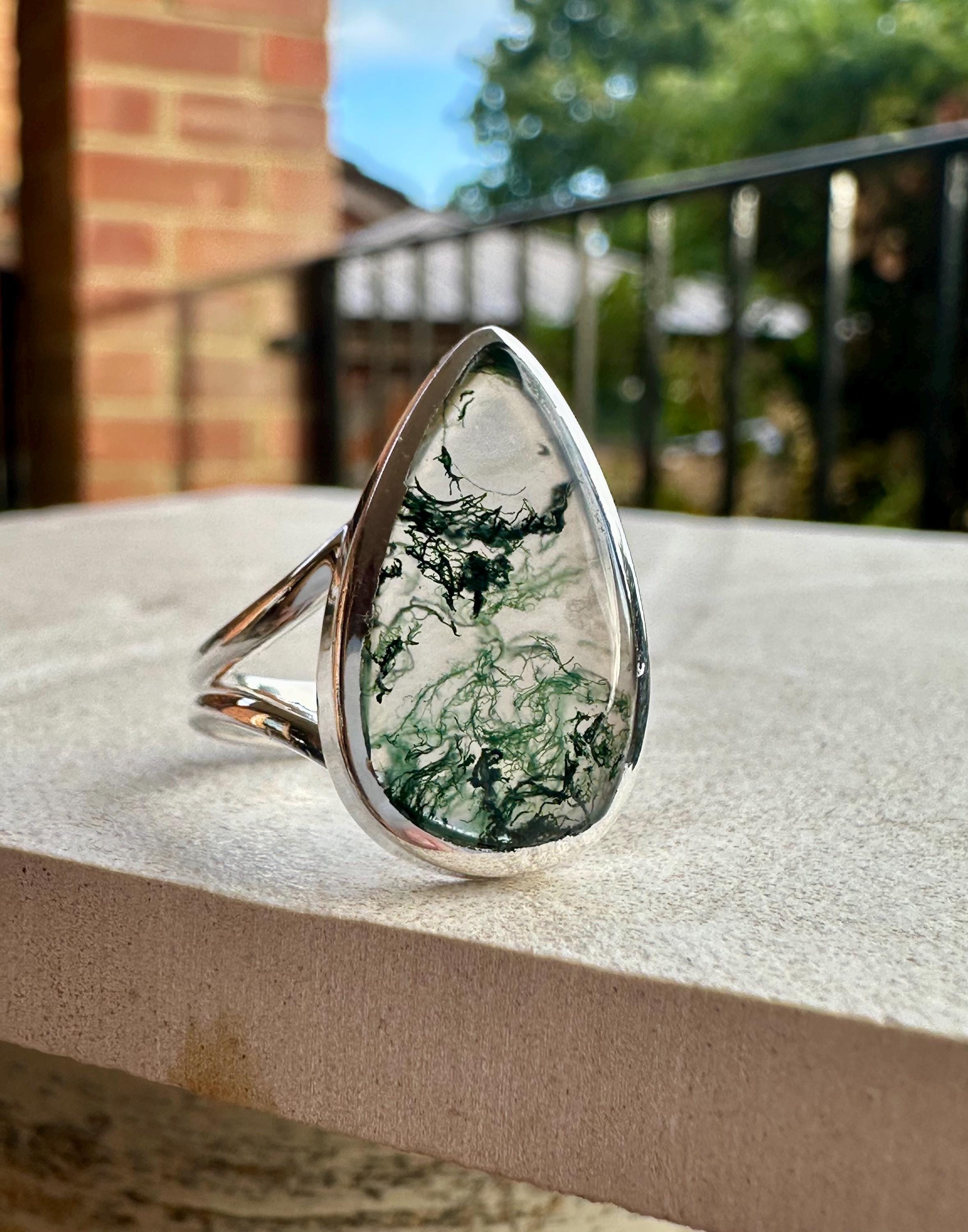 Moss Agate Ring: Teardrop Sterling Silver, Handmade UK - Size 8