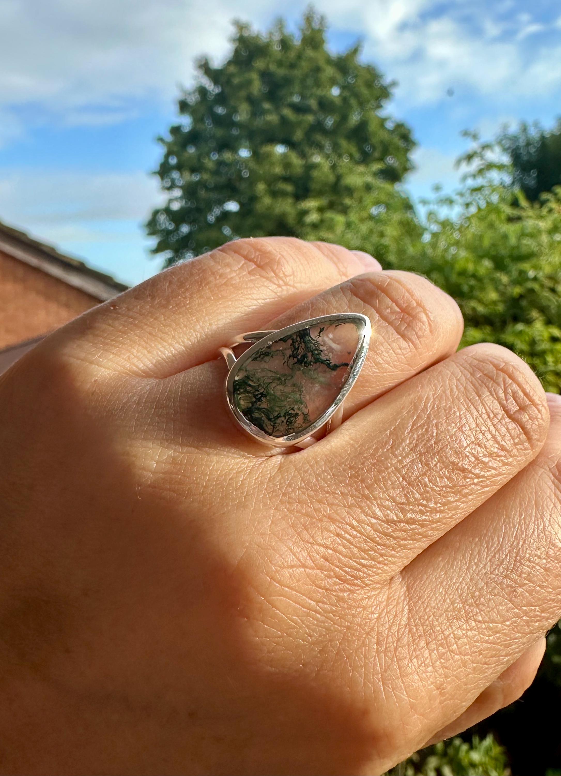Moss Agate Ring: Teardrop Sterling Silver, Handmade UK - Size 8