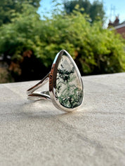 Moss Agate Ring: Teardrop Sterling Silver, Handmade UK - Size 8
