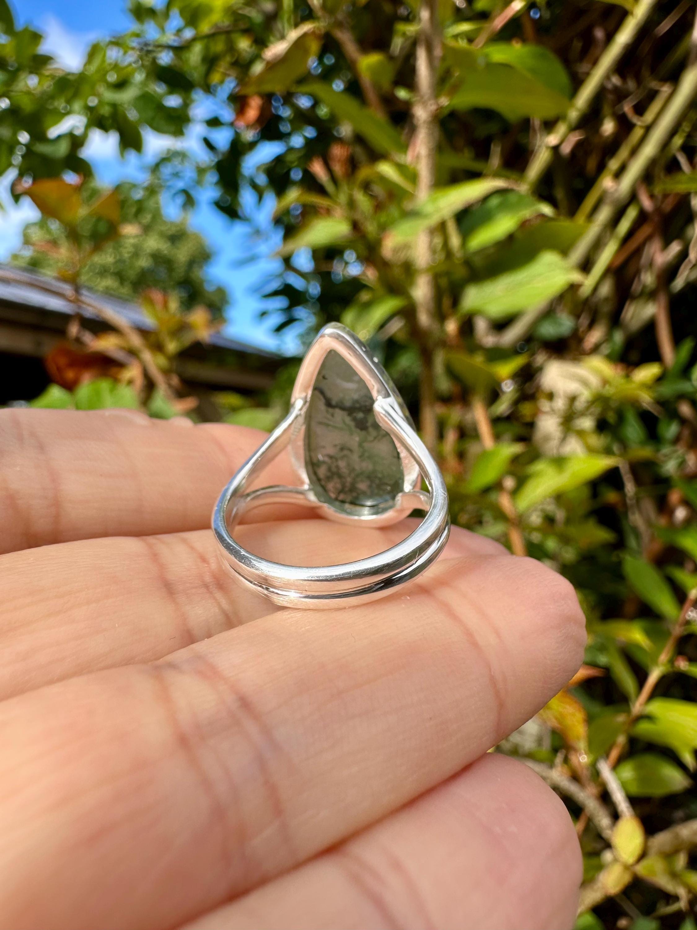 Moss Agate Ring: Teardrop Sterling Silver, Handmade UK - Size 8