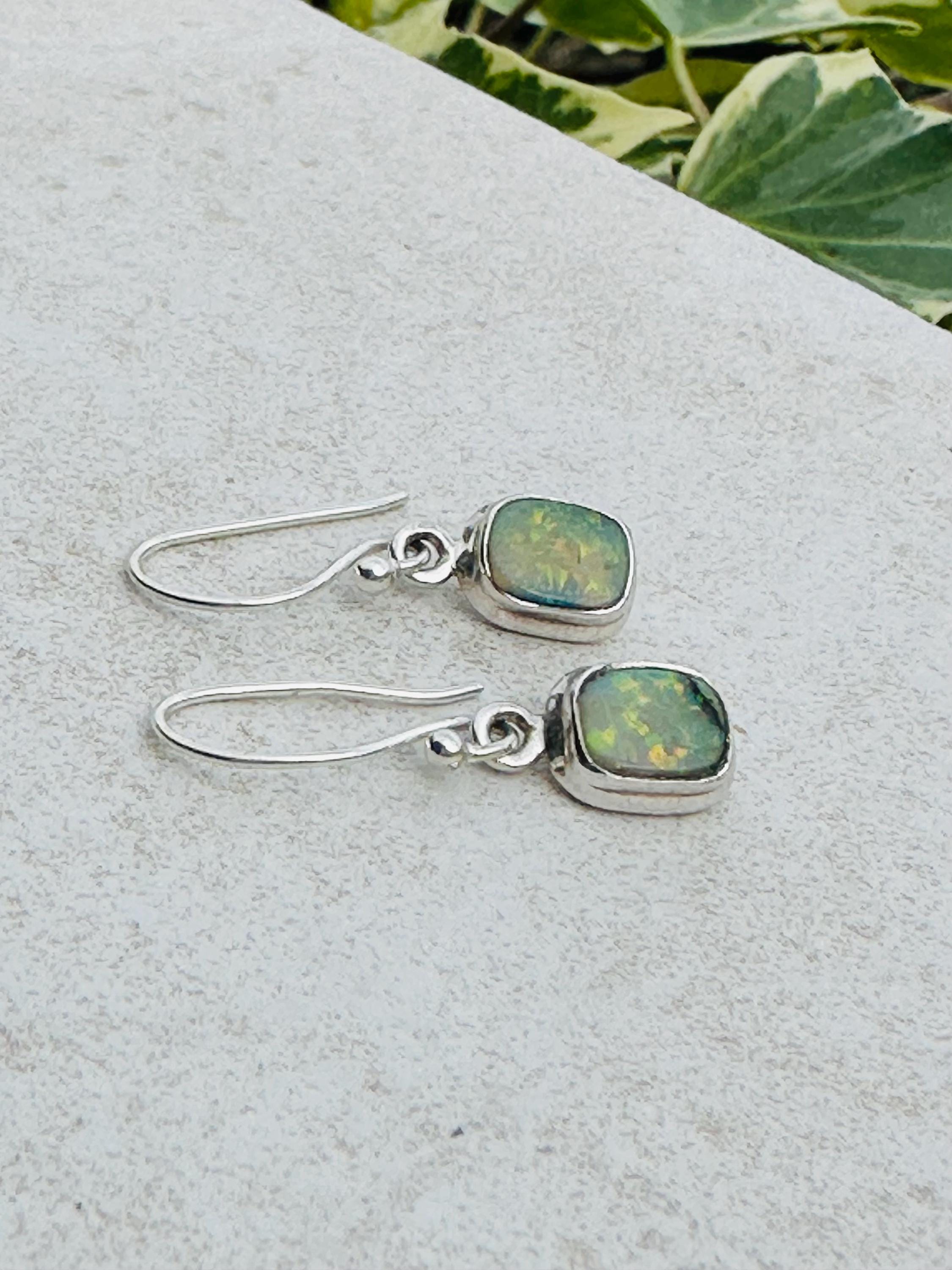 Sterling Opal Monarch Earrings, Sterling Silver Emerald Cut, Handmade