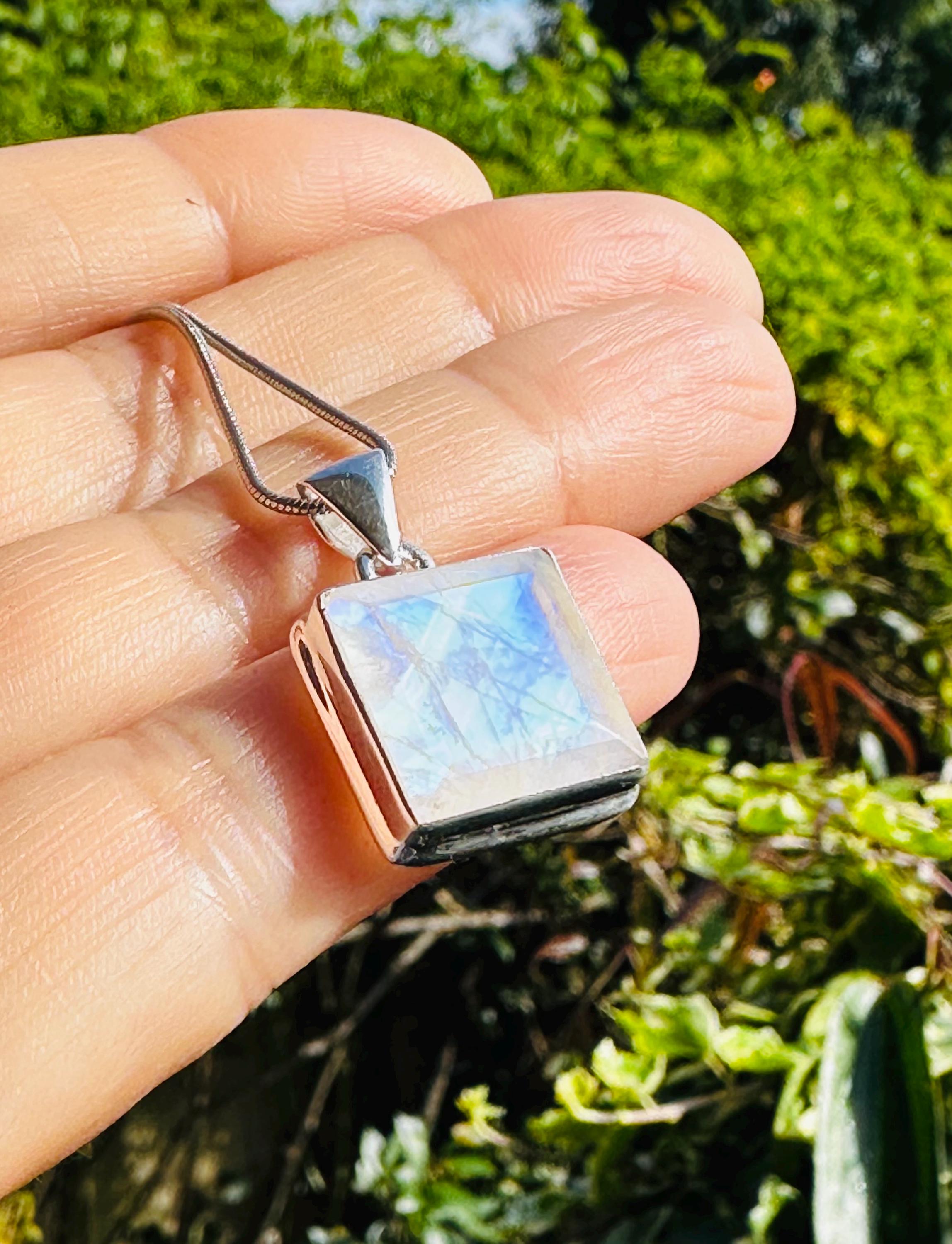 Faceted Blue Fire Moonstone Pendant: Sterling Silver, Handmade UK