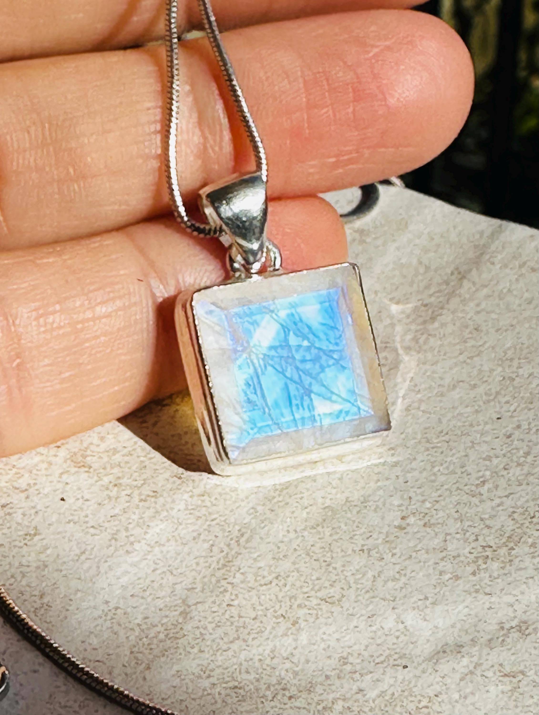 Faceted Blue Fire Moonstone Pendant: Sterling Silver, Handmade UK