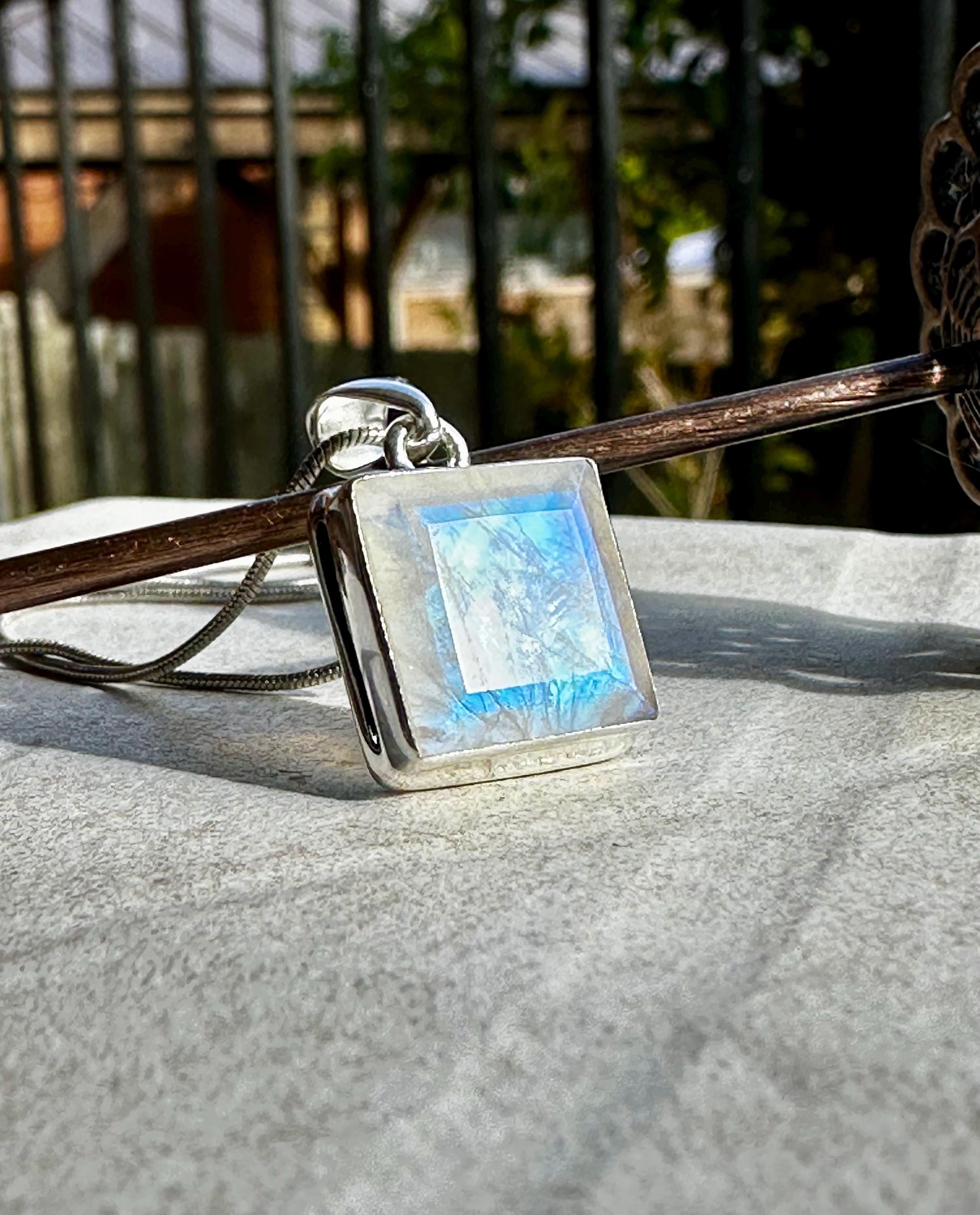 Faceted Blue Fire Moonstone Pendant: Sterling Silver, Handmade UK