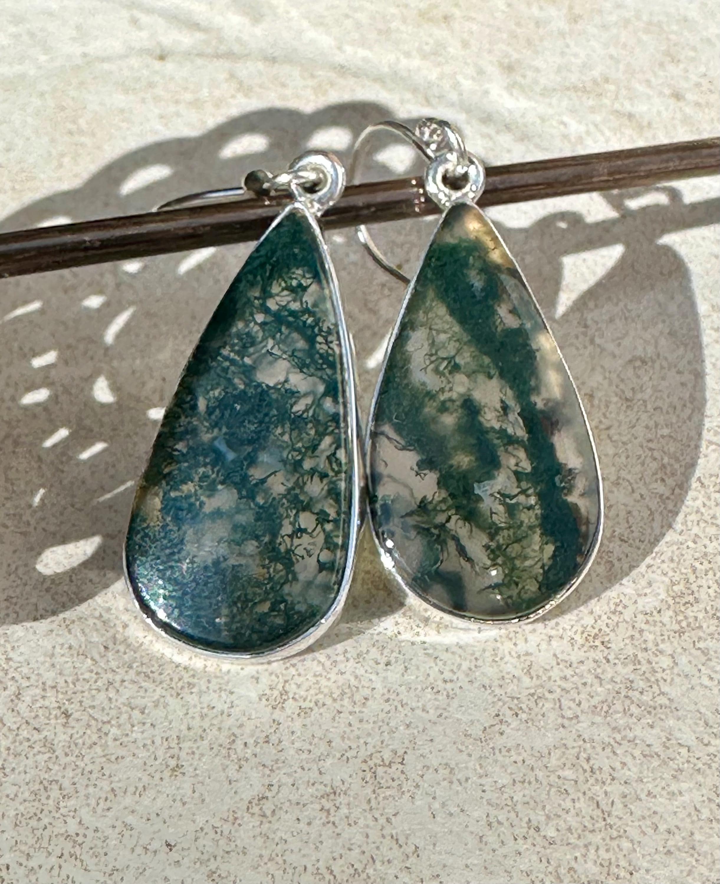 Moss Agate Dangle Earrings, Large Teardrop 26mm x 14mm Sterling Silver, Handmade UK gift