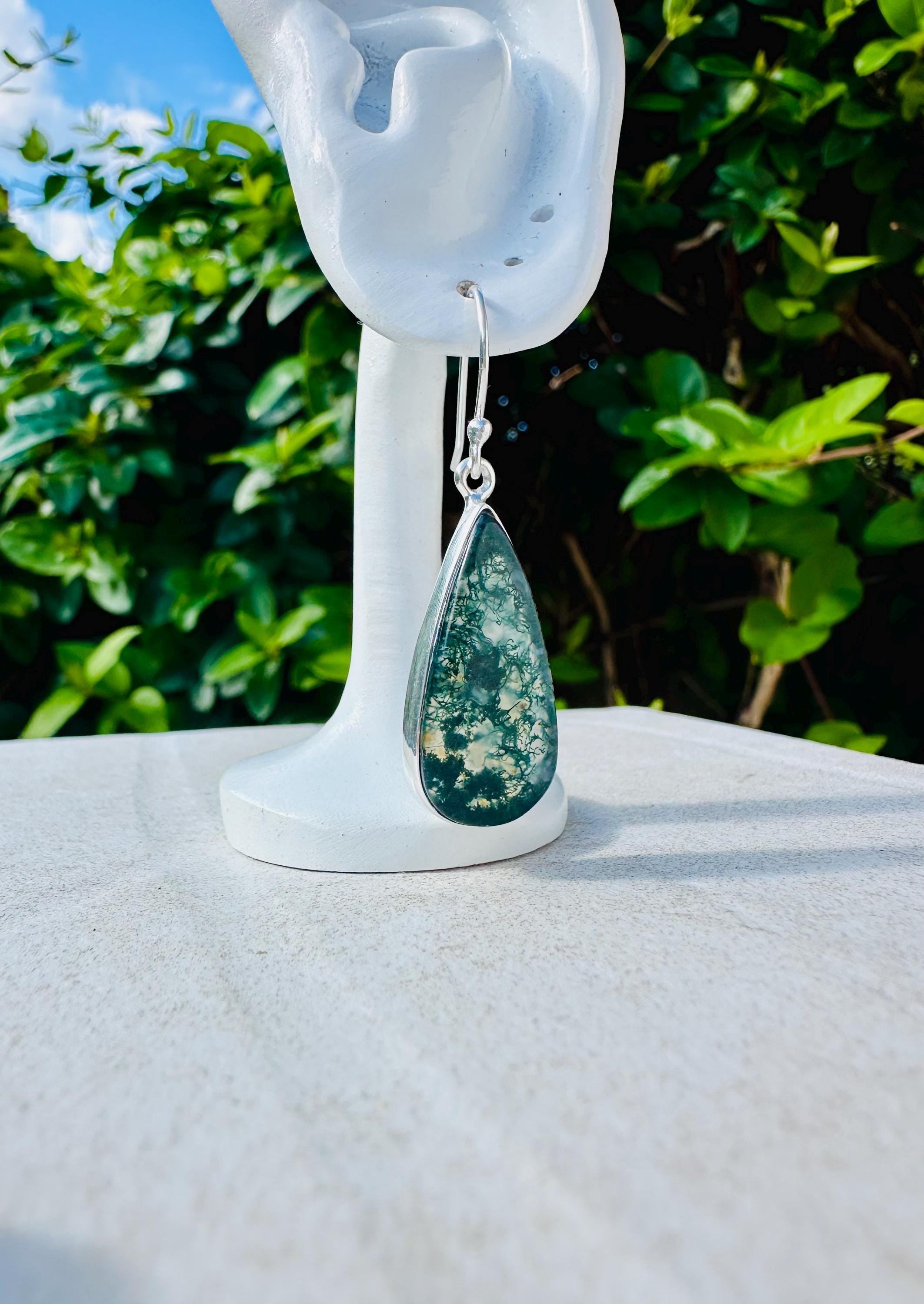 Moss Agate Dangle Earrings, Large Teardrop 26mm x 14mm Sterling Silver, Handmade UK gift
