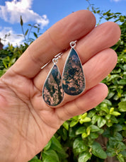 Moss Agate Dangle Earrings, Large Teardrop 26mm x 14mm Sterling Silver, Handmade UK gift
