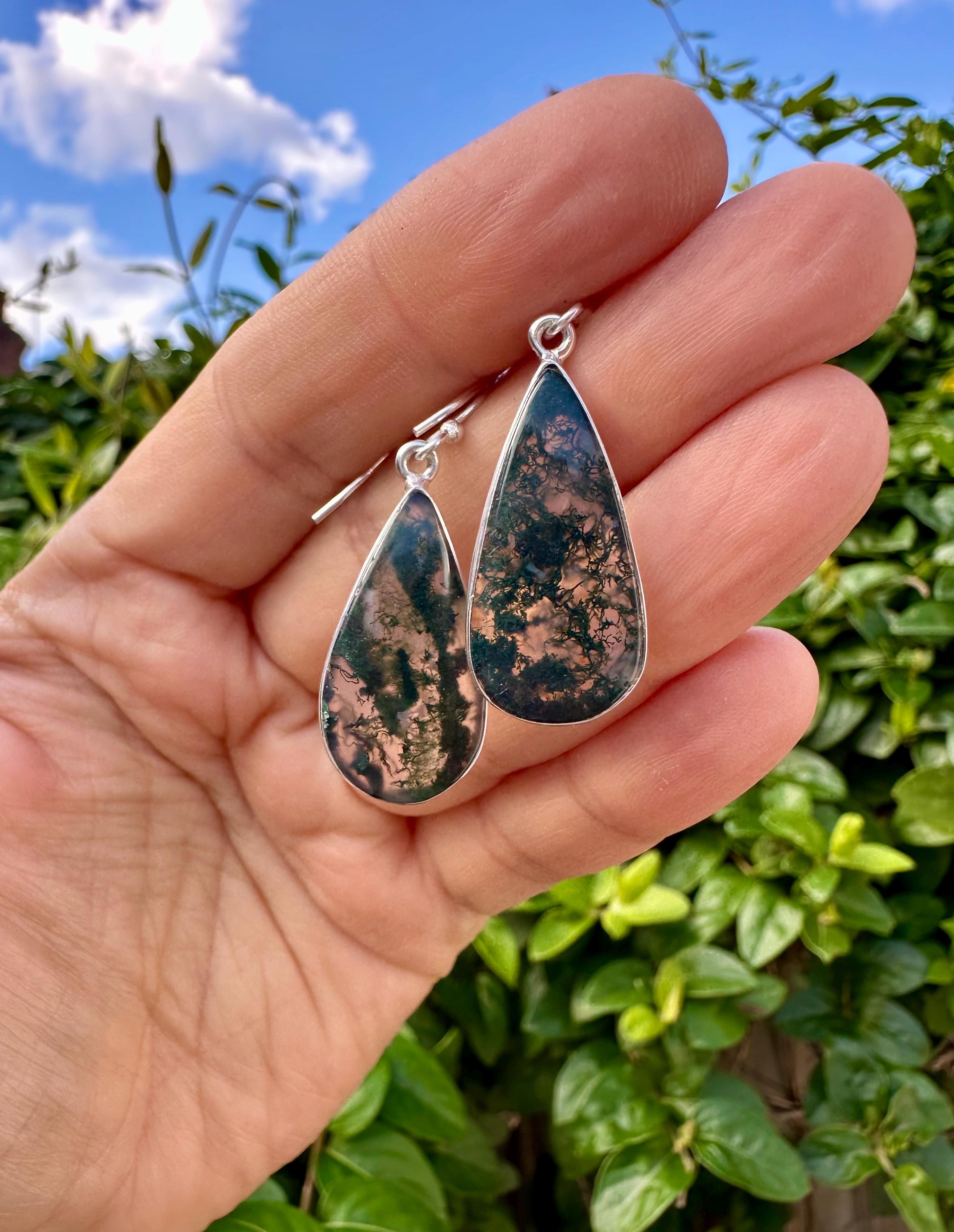 Moss Agate Dangle Earrings, Large Teardrop 26mm x 14mm Sterling Silver, Handmade UK gift