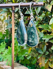 Moss Agate Dangle Earrings, Large Teardrop 26mm x 14mm Sterling Silver, Handmade UK gift