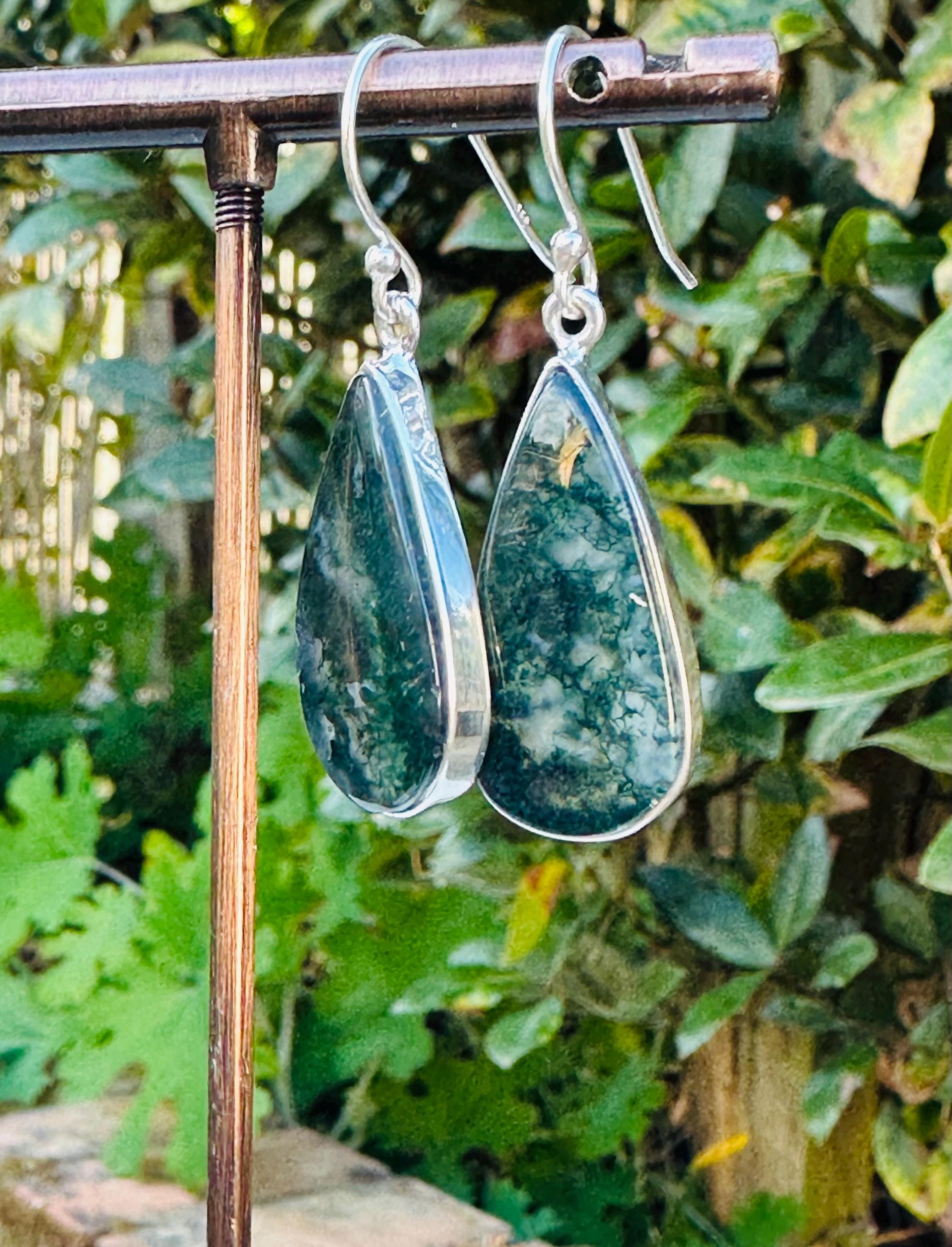 Moss Agate Dangle Earrings, Large Teardrop 26mm x 14mm Sterling Silver, Handmade UK gift