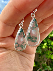 Moss Agate Dangle Earrings, Teardrop 21mm x 12mm Sterling Silver, Handmade UK gift