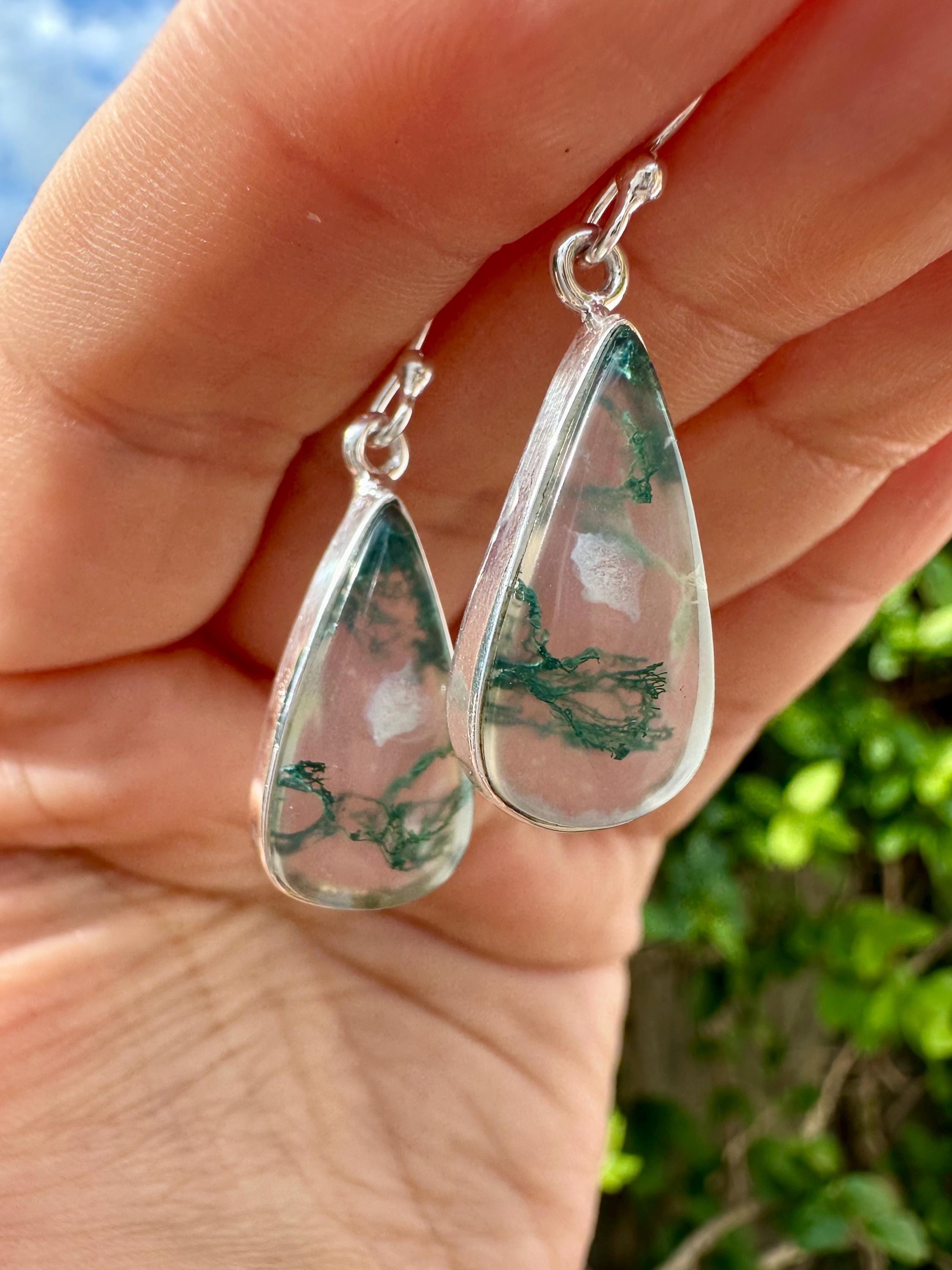 Moss Agate Dangle Earrings, Teardrop 21mm x 12mm Sterling Silver, Handmade UK gift
