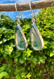 Moss Agate Dangle Earrings, Teardrop 21mm x 12mm Sterling Silver, Handmade UK gift