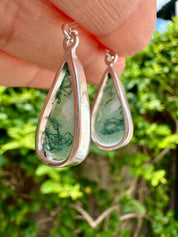 Moss Agate Dangle Earrings, Teardrop 21mm x 12mm Sterling Silver, Handmade UK gift