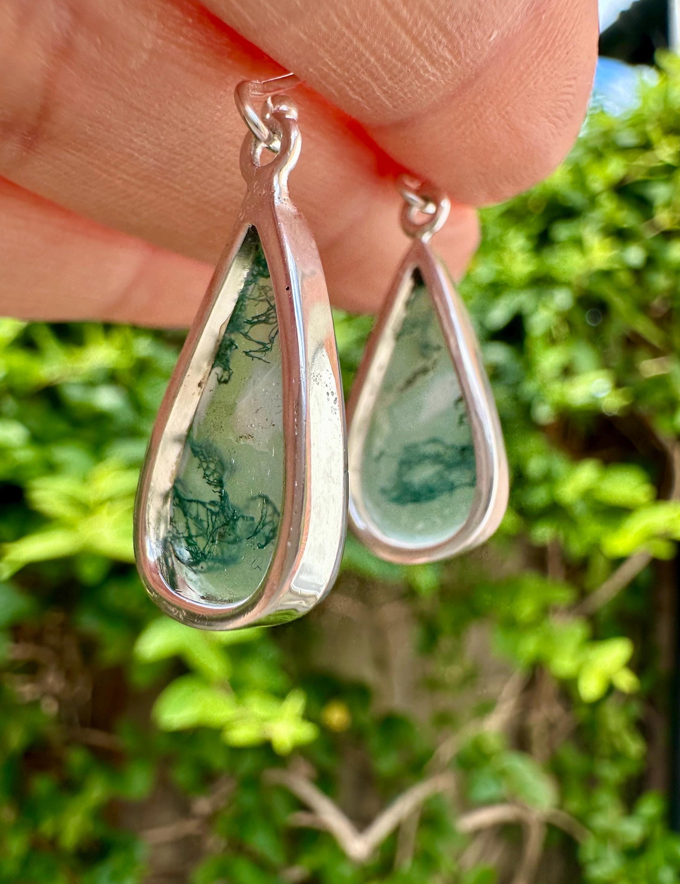 Moss Agate Dangle Earrings, Teardrop 21mm x 12mm Sterling Silver, Handmade UK gift