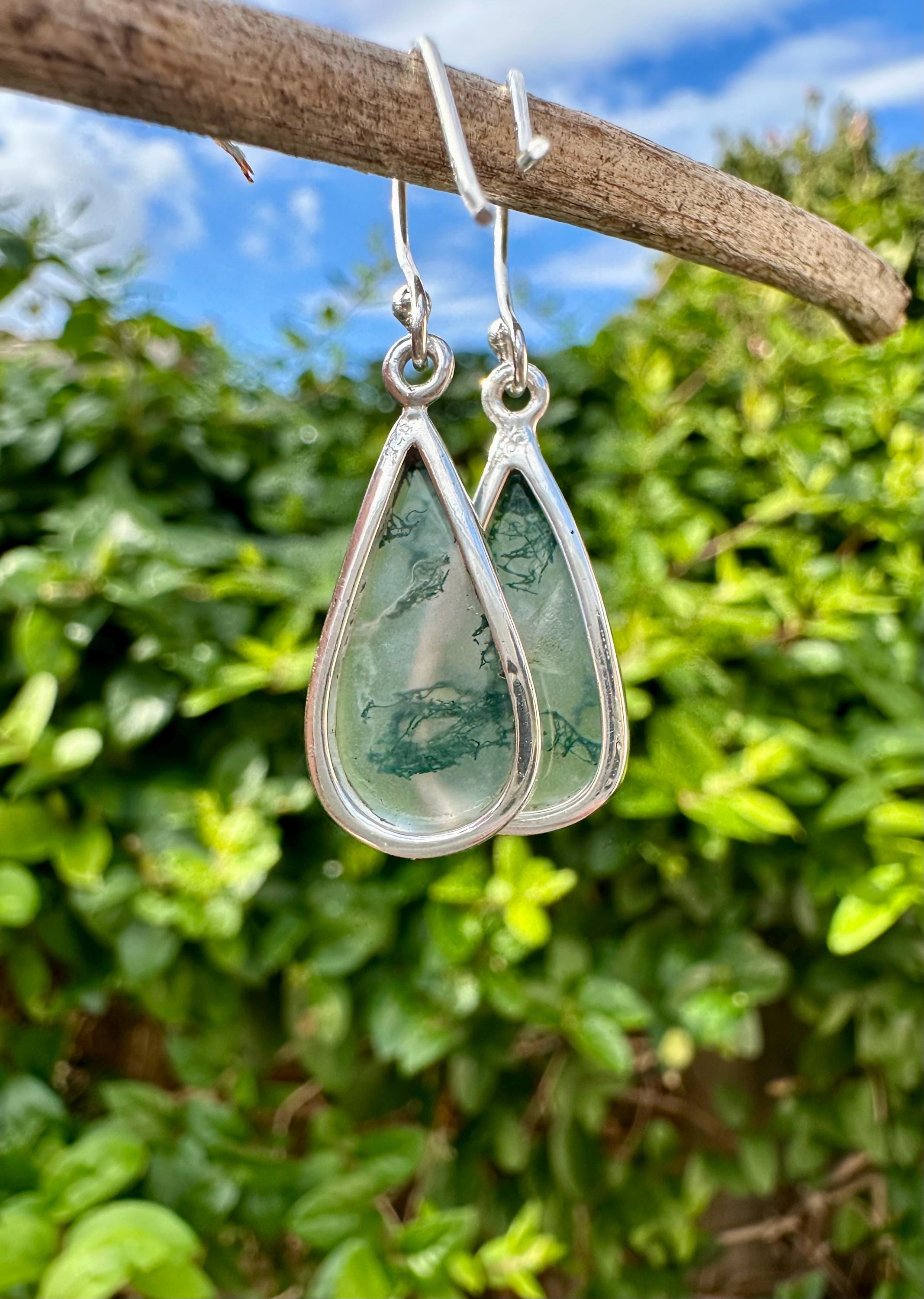 Moss Agate Dangle Earrings, Teardrop 21mm x 12mm Sterling Silver, Handmade UK gift