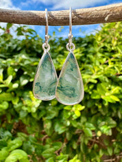 Moss Agate Dangle Earrings, Teardrop 21mm x 12mm Sterling Silver, Handmade UK gift