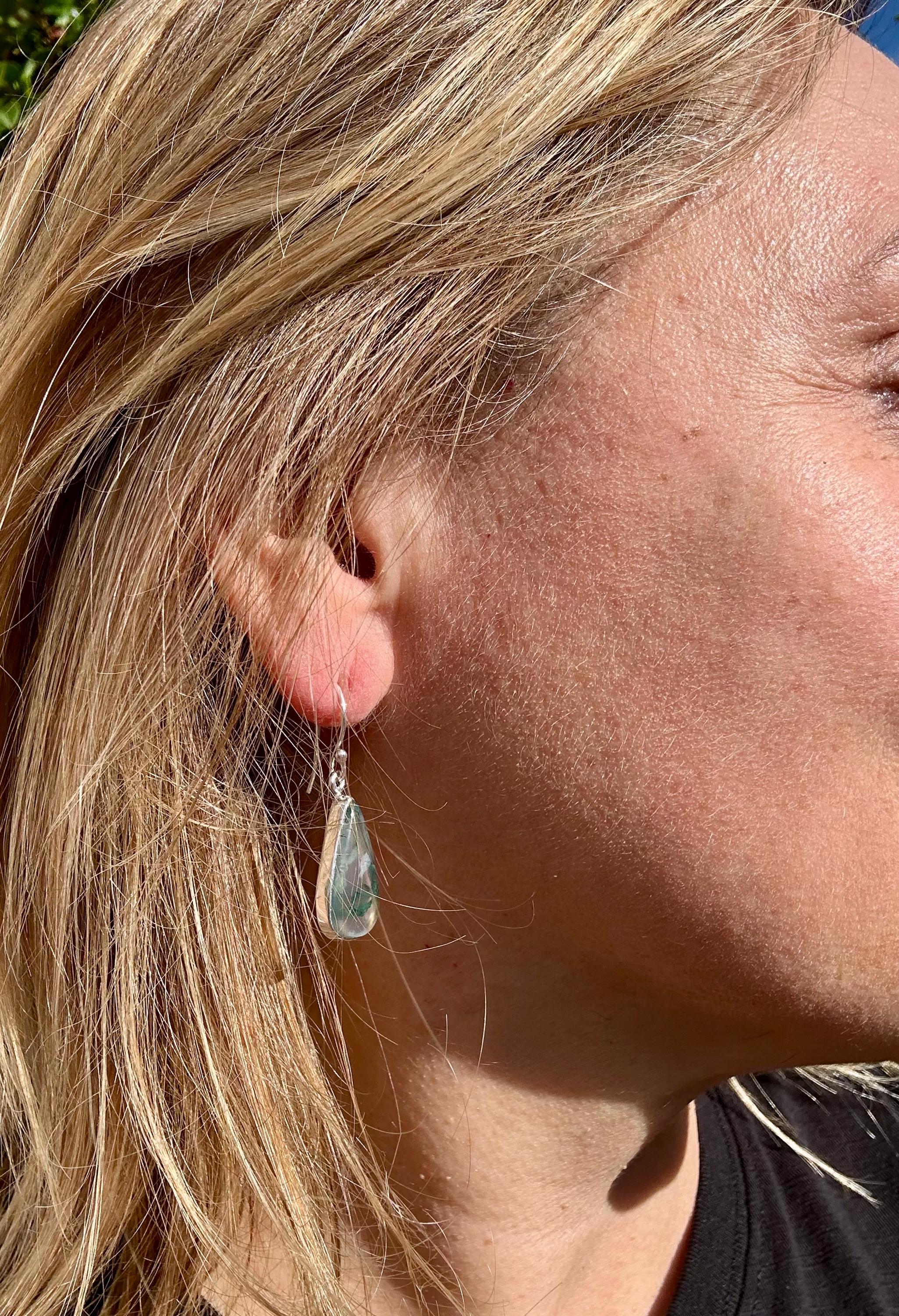 Moss Agate Dangle Earrings, Teardrop 21mm x 12mm Sterling Silver, Handmade UK gift
