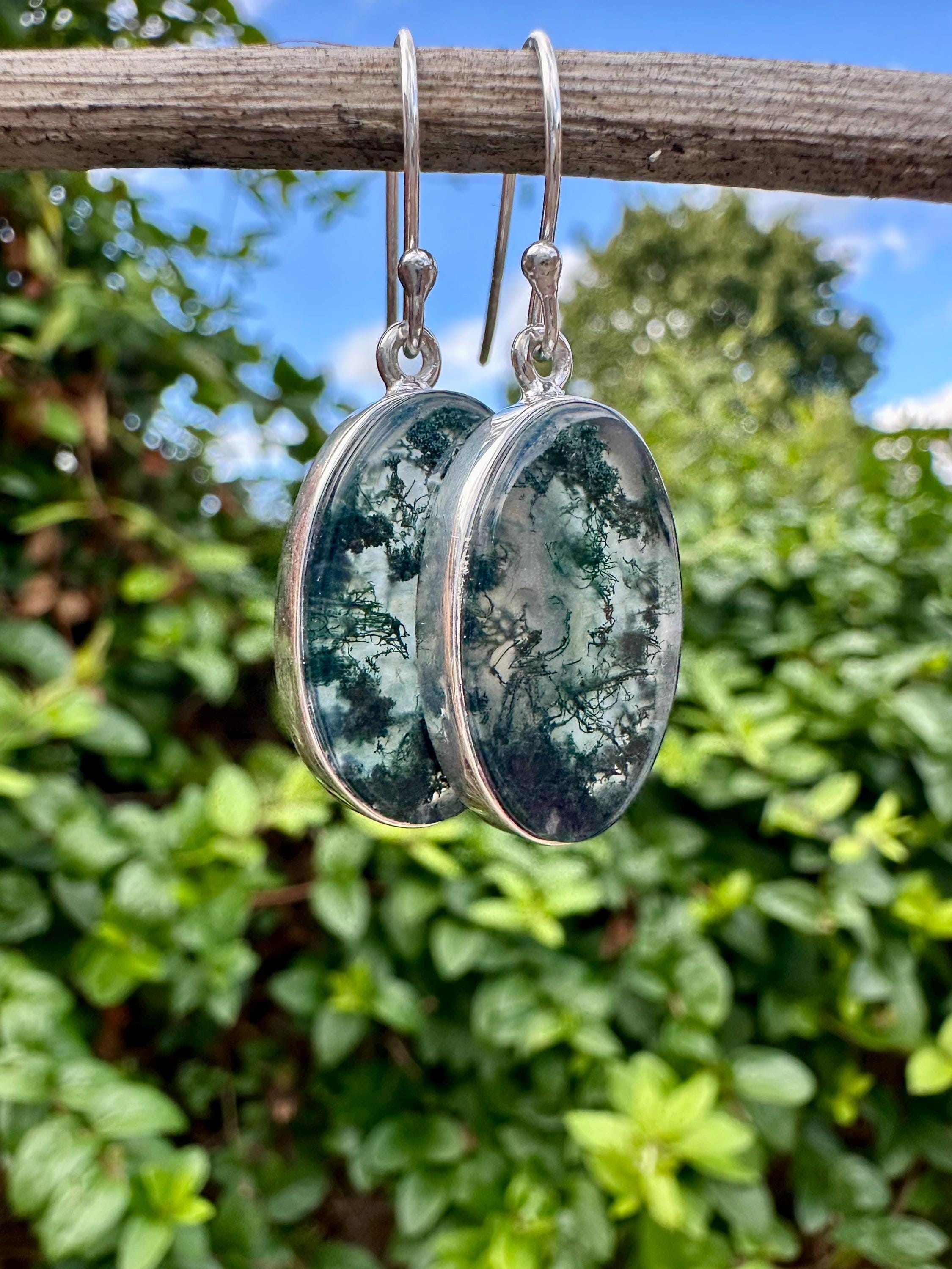 Moss Agate Dangle Earrings, Large Oval 21mm x 14mm Sterling Silver, Handmade UK gift