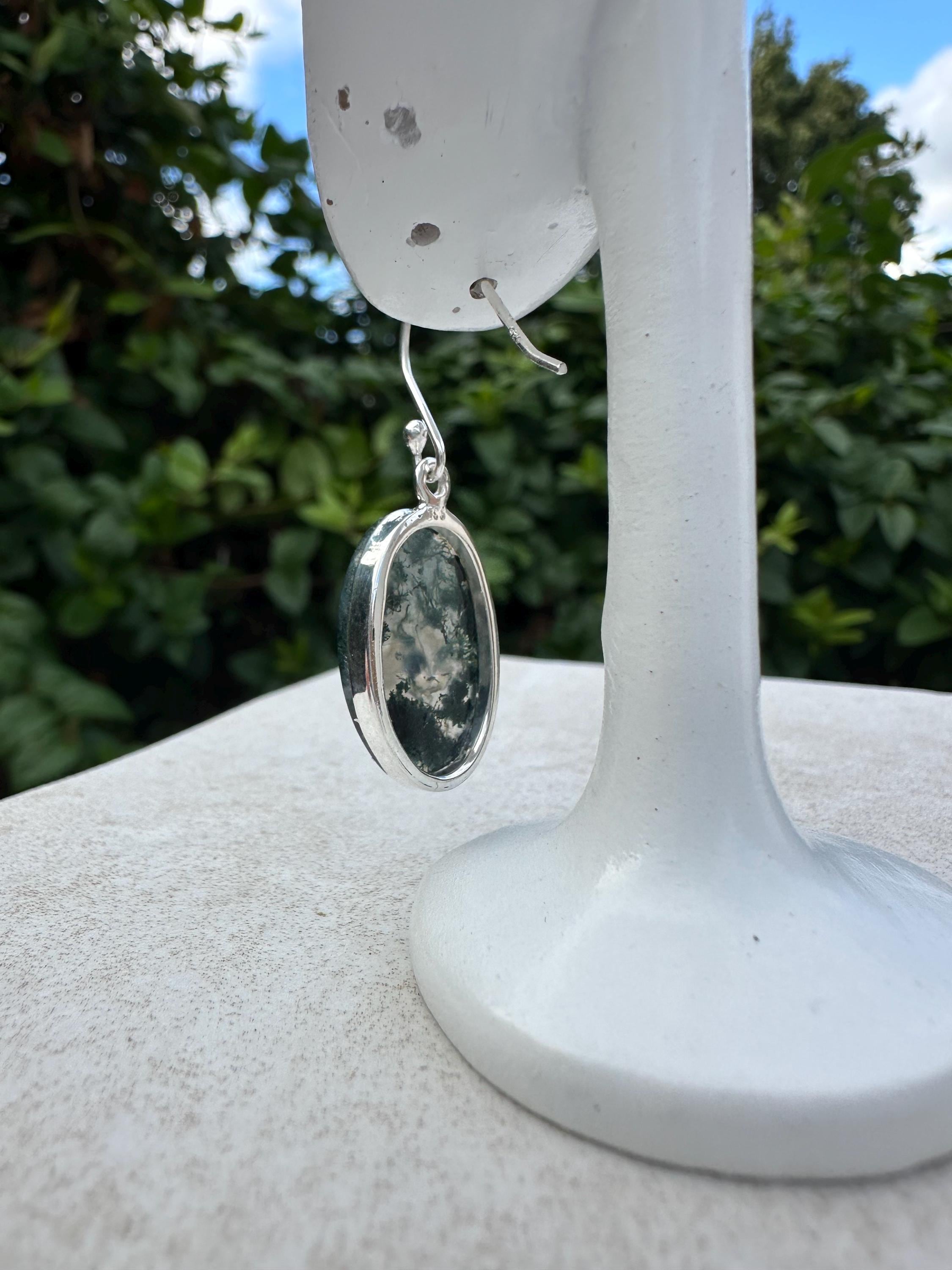 Moss Agate Dangle Earrings, Large Oval 21mm x 14mm Sterling Silver, Handmade UK gift