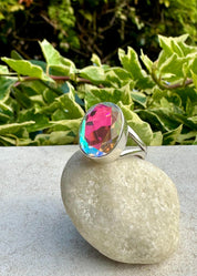 Iridescent Mystic Topaz Ring, Oval 16mm x 12mm Sterling Silver, Handmade UK gift