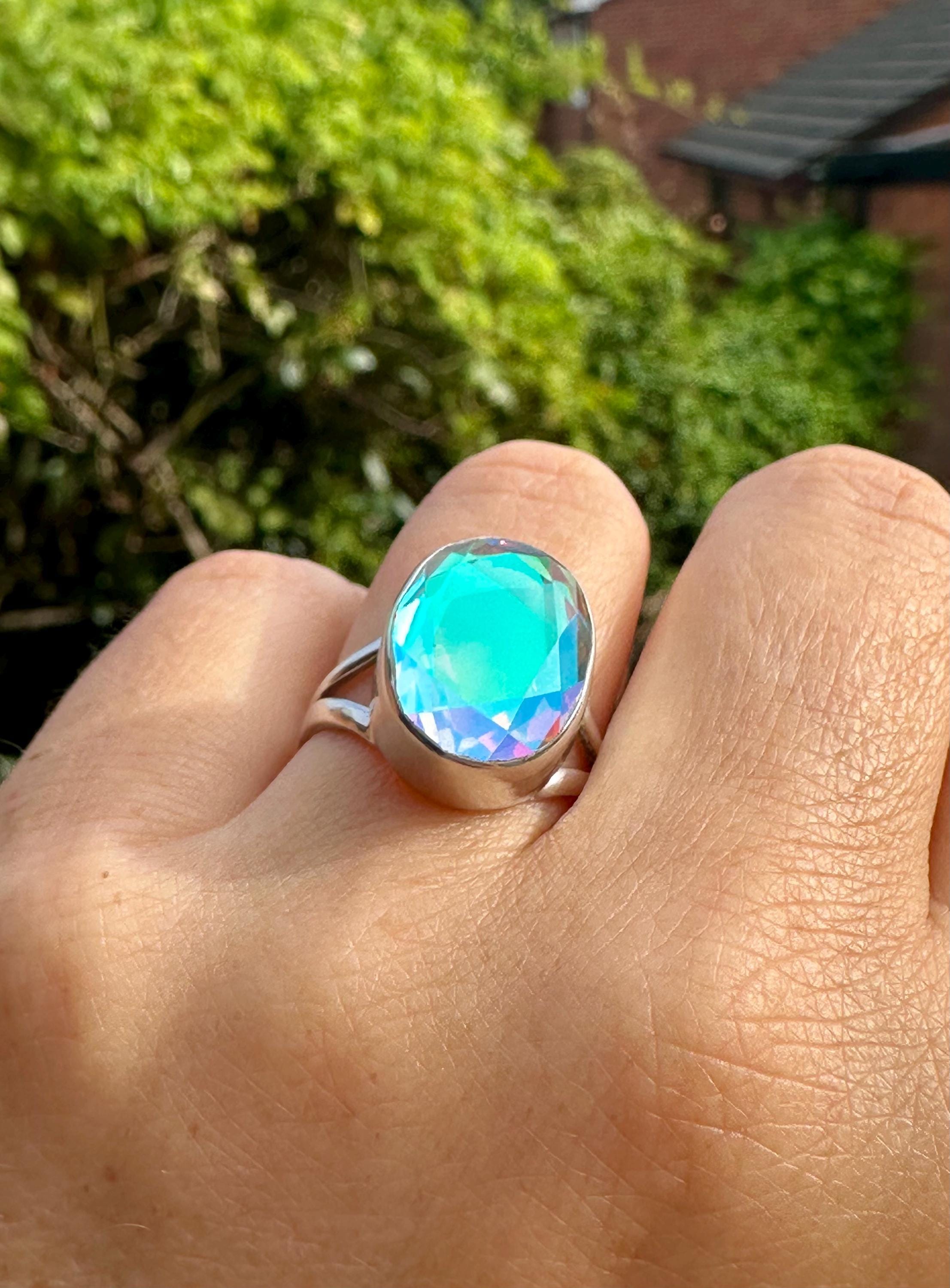 Iridescent Mystic Topaz Ring, Oval 16mm x 12mm Sterling Silver, Handmade UK gift
