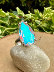 Iridescent Mystic Topaz Ring, Teardrop 23mm x 12mm Sterling Silver, Handmade UK gift