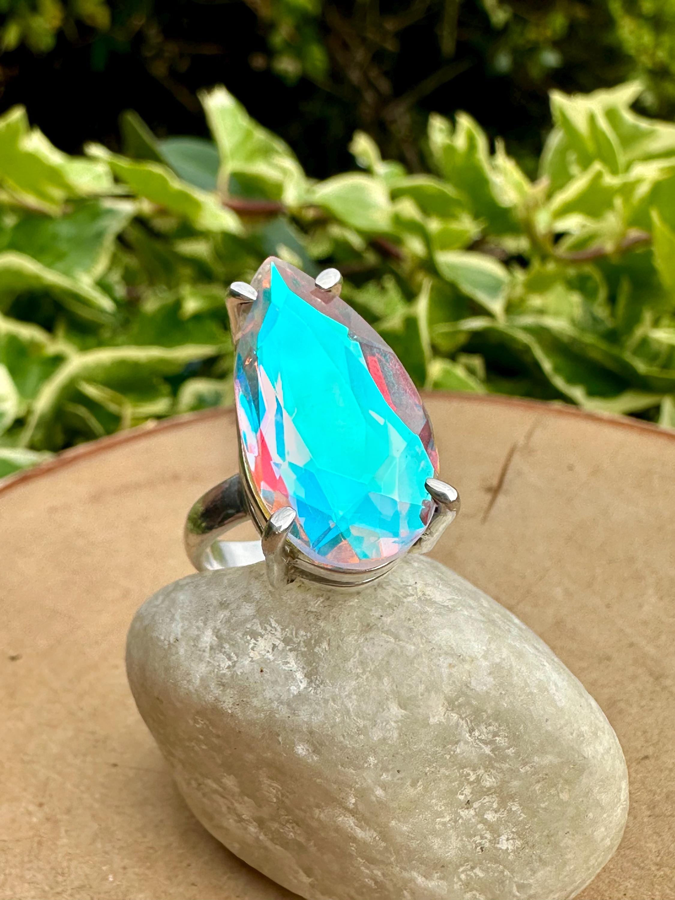 Iridescent Mystic Topaz Ring, Teardrop 23mm x 12mm Sterling Silver, Handmade UK gift
