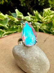 Iridescent Mystic Topaz Ring, Teardrop 23mm x 12mm Sterling Silver, Handmade UK gift