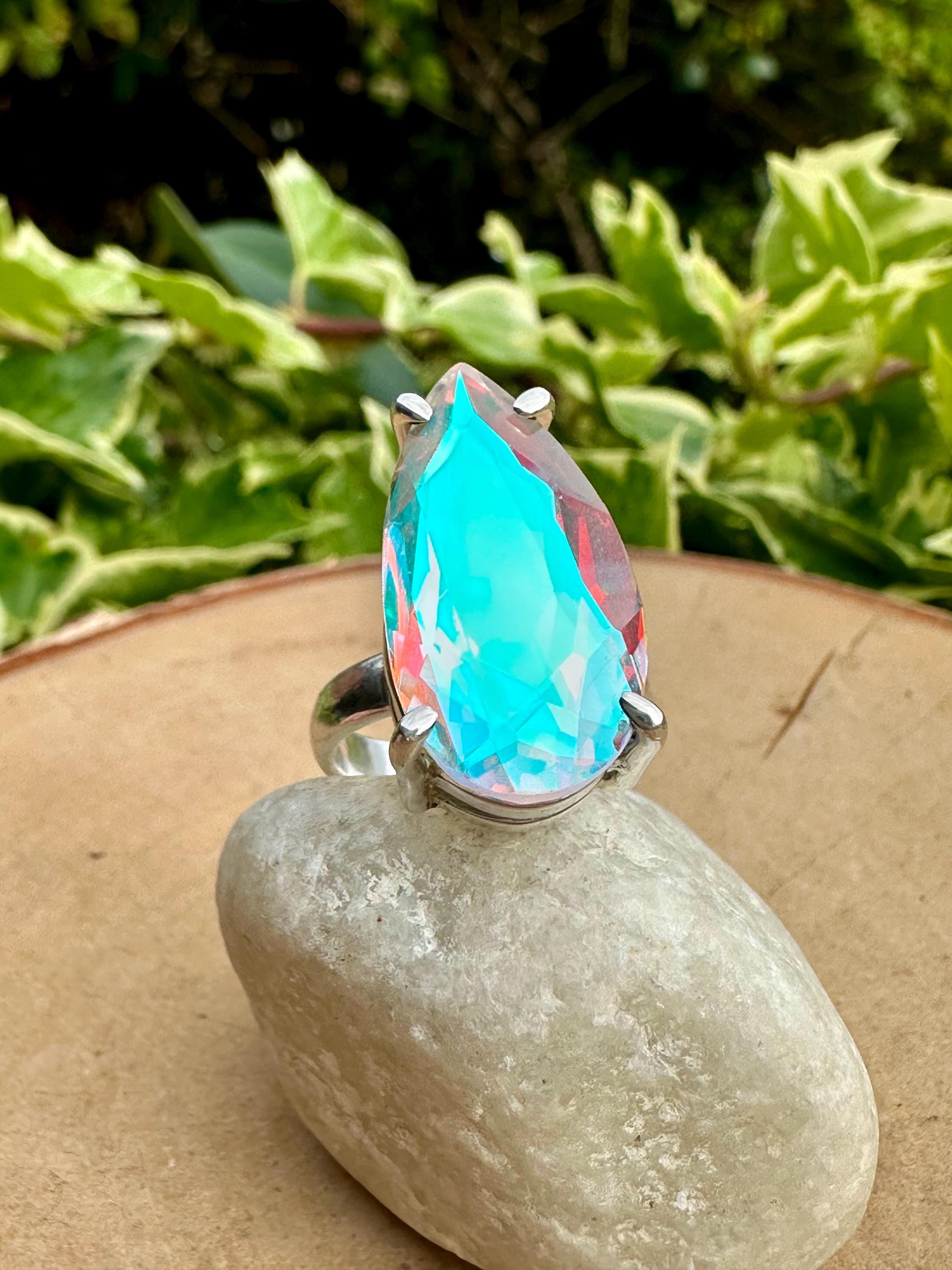Iridescent Mystic Topaz Ring, Teardrop 23mm x 12mm Sterling Silver, Handmade UK gift