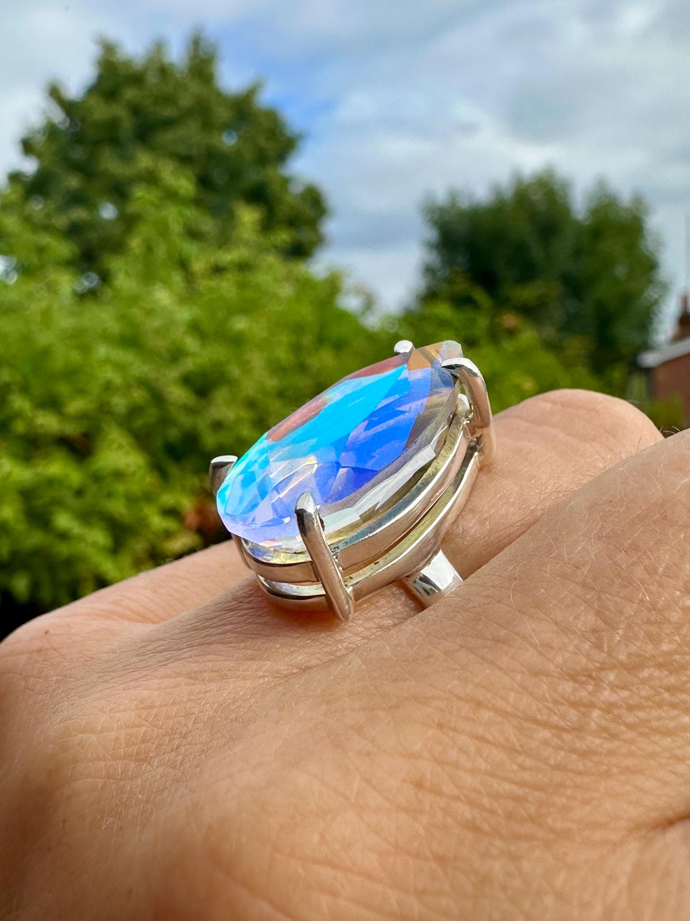 Iridescent Mystic Topaz Ring, Teardrop 23mm x 12mm Sterling Silver, Handmade UK gift