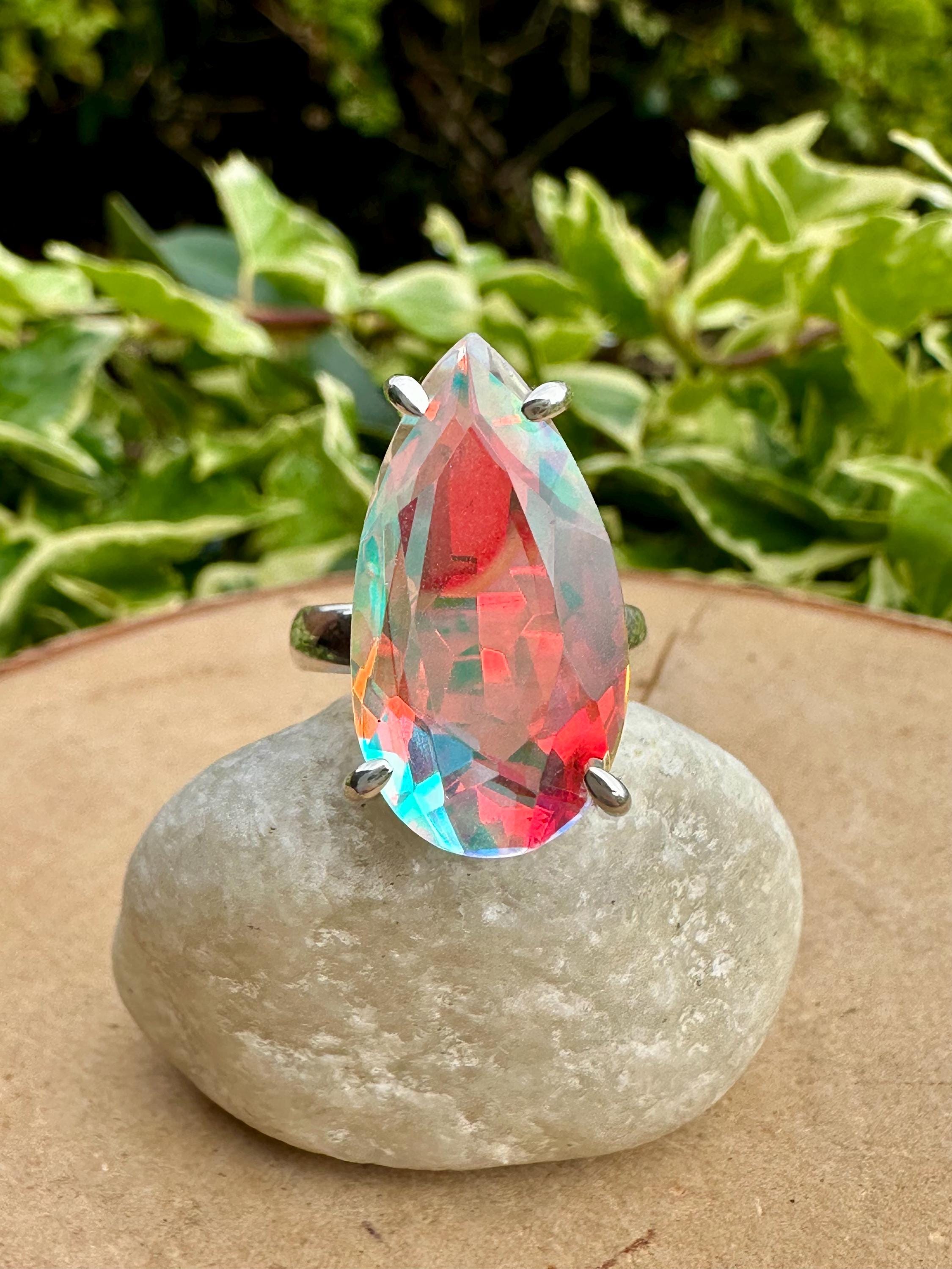 Iridescent Mystic Topaz Ring, Teardrop 23mm x 12mm Sterling Silver, Handmade UK gift