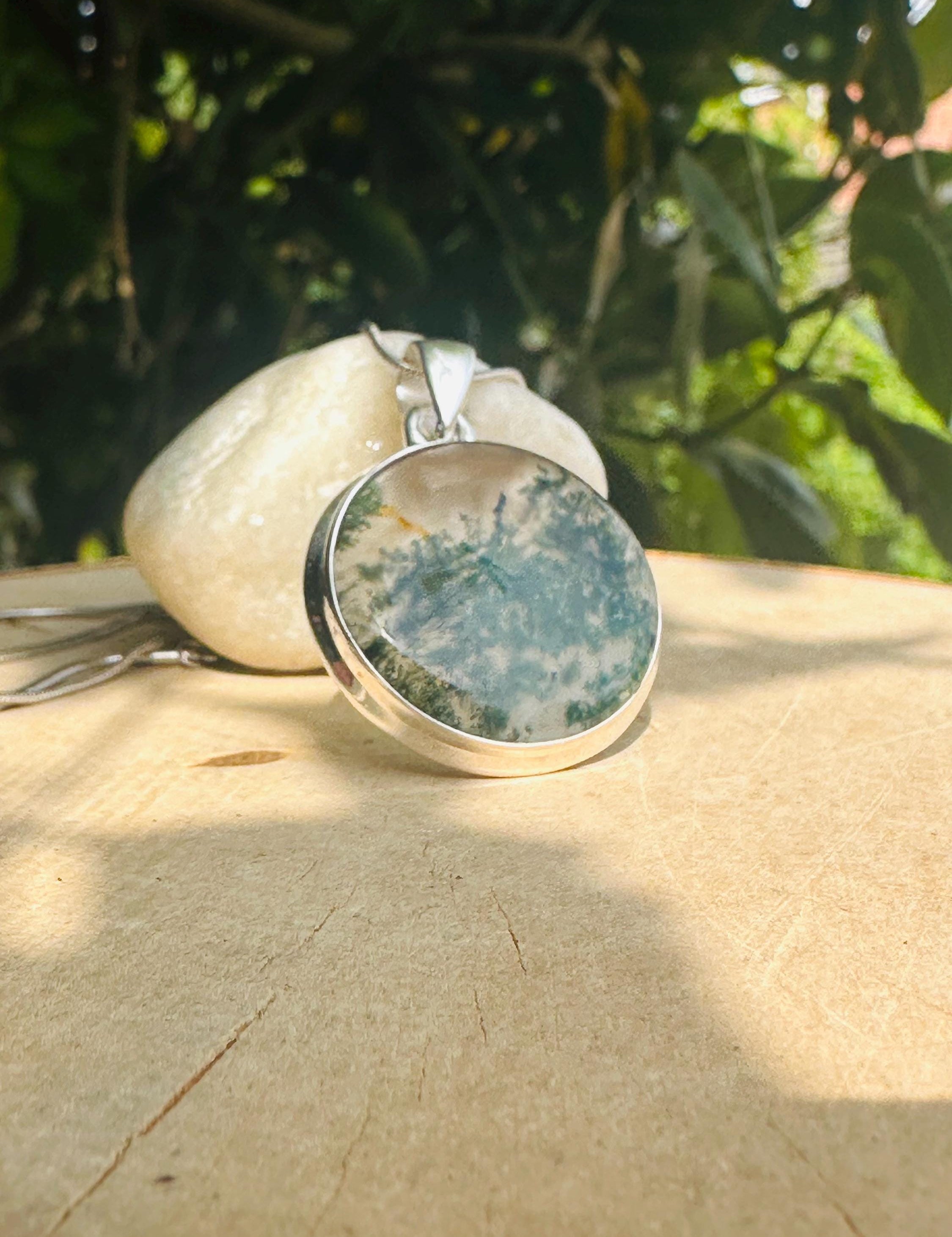 Moss Agate Pendant, Round 25mm x 25mm Sterling Silver, Handmade UK gift