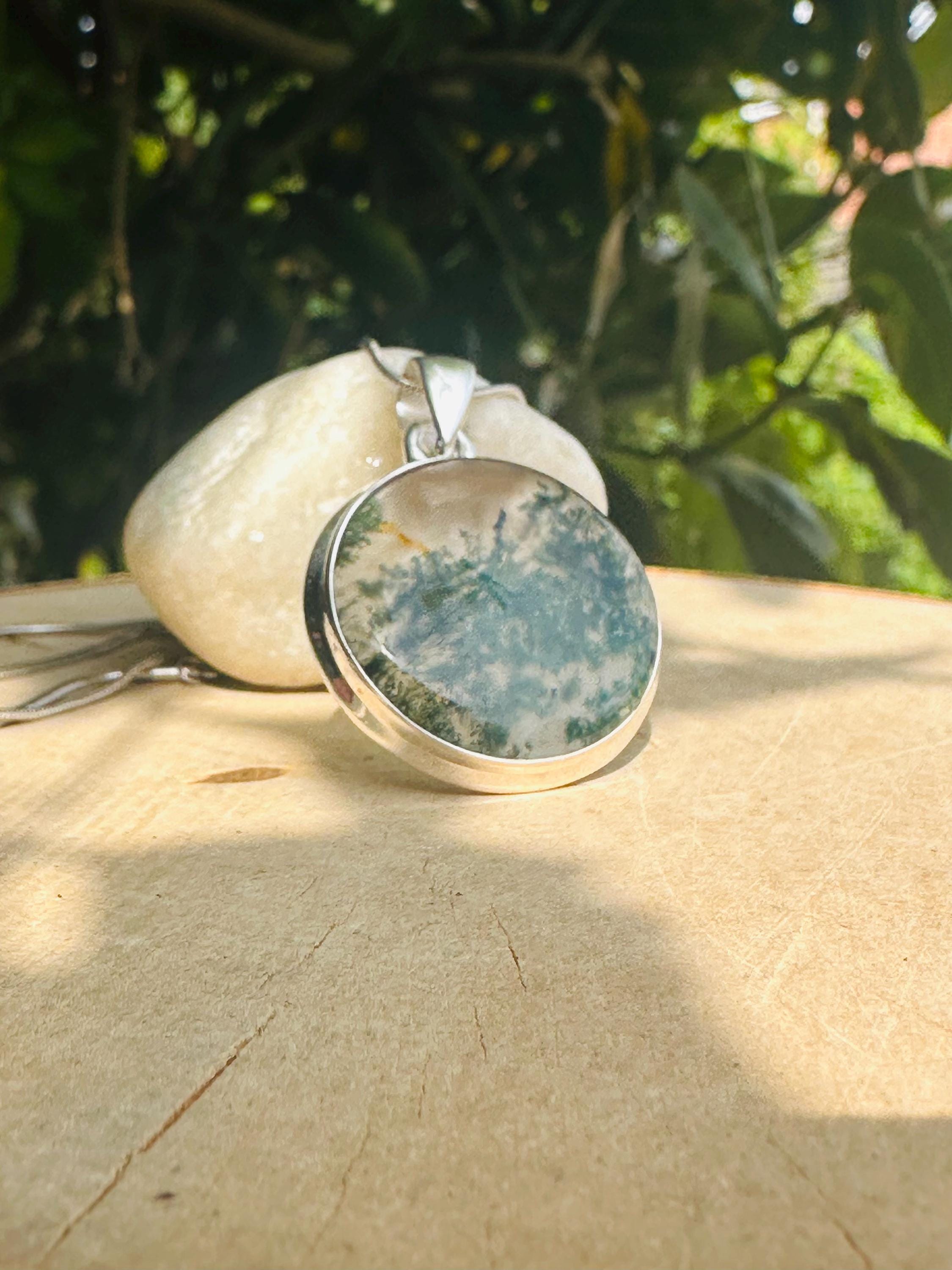 Moss Agate Pendant, Round 25mm x 25mm Sterling Silver, Handmade UK gift